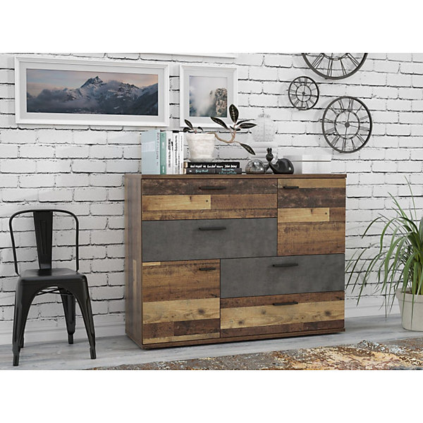Commode 2 portes 4 tiroirs décor bois vintage béton gris - DEST