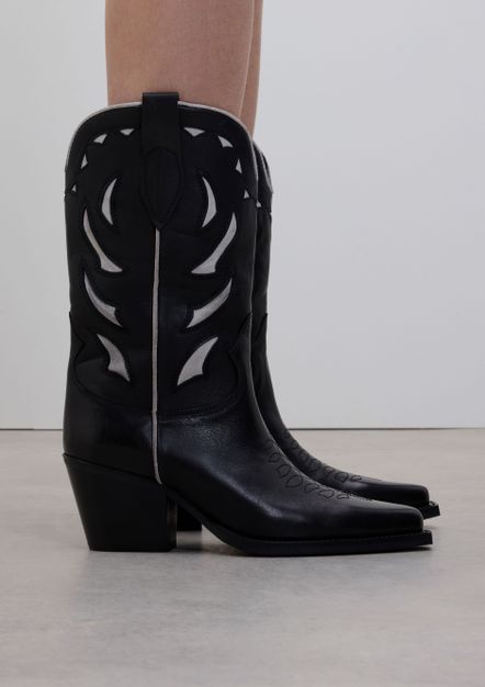 Zwarte leren cowboylaarzen met sierstiksels