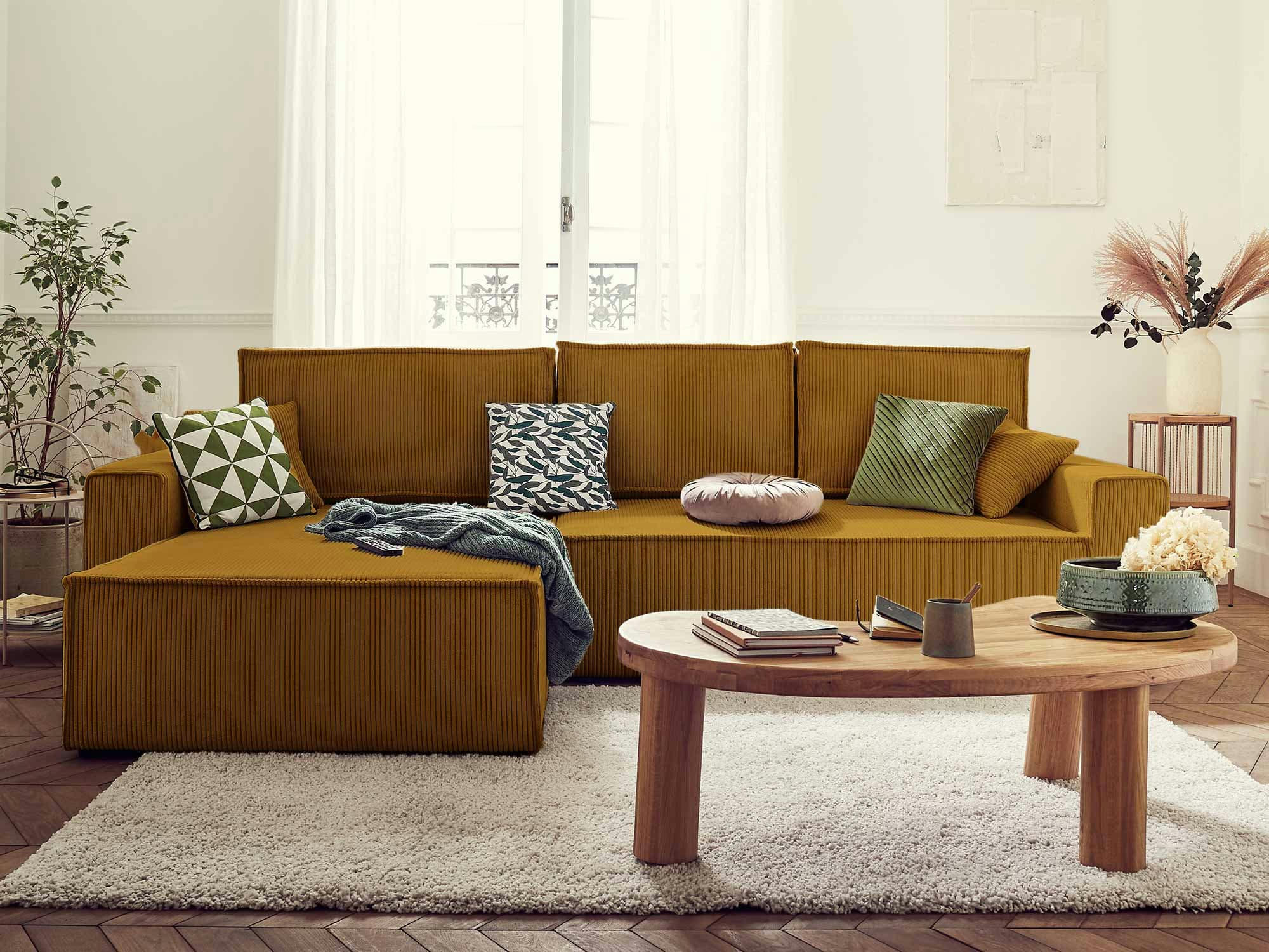 DELLIA - Canapé d'angle réversible convertible 4 places en velours côtelé jaune