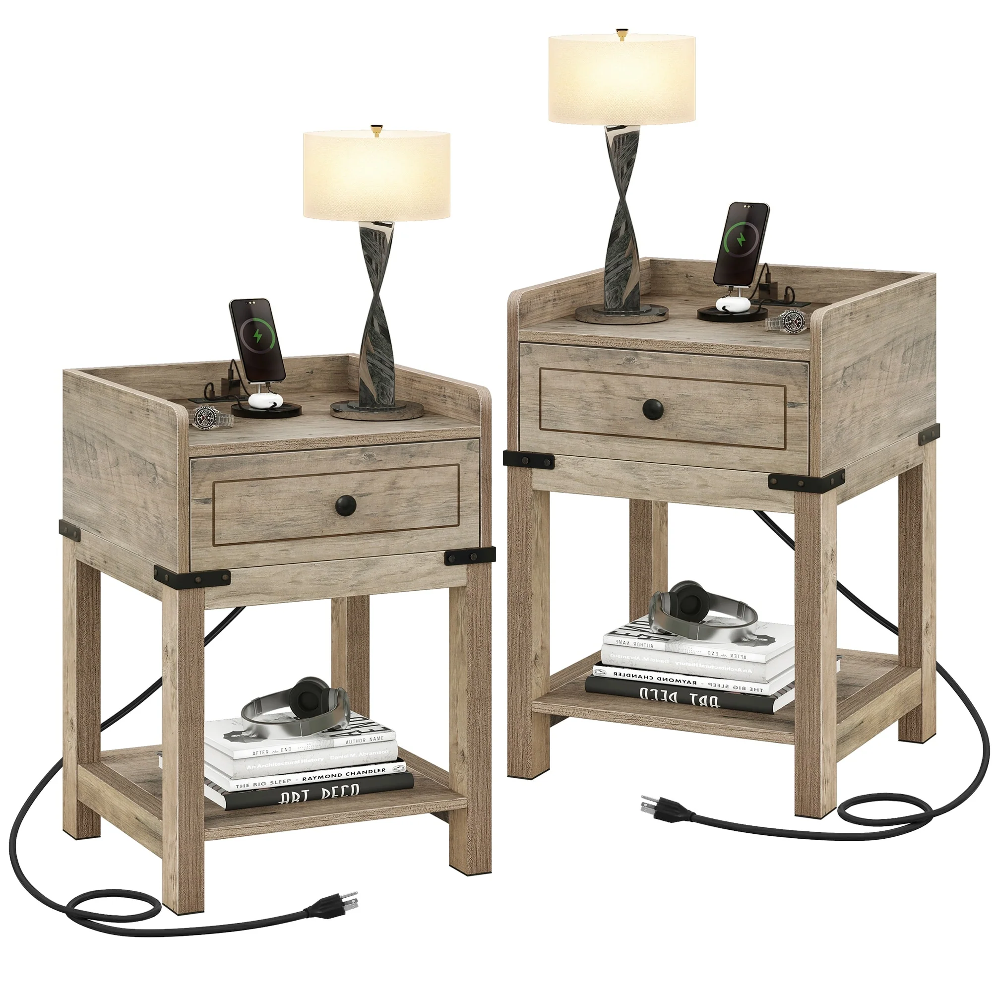 Moasis Nightstands Set of 2 with Storage Shelves End Side Table with Charging Station USB