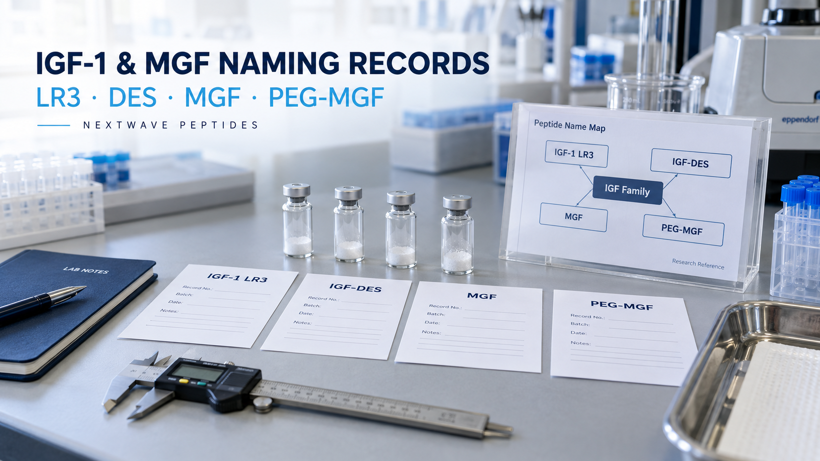 NextWave Peptides laboratory editorial cover for IGF-1 LR3, IGF-DES, MGF, and PEG-MGF: Naming Before Comparison.