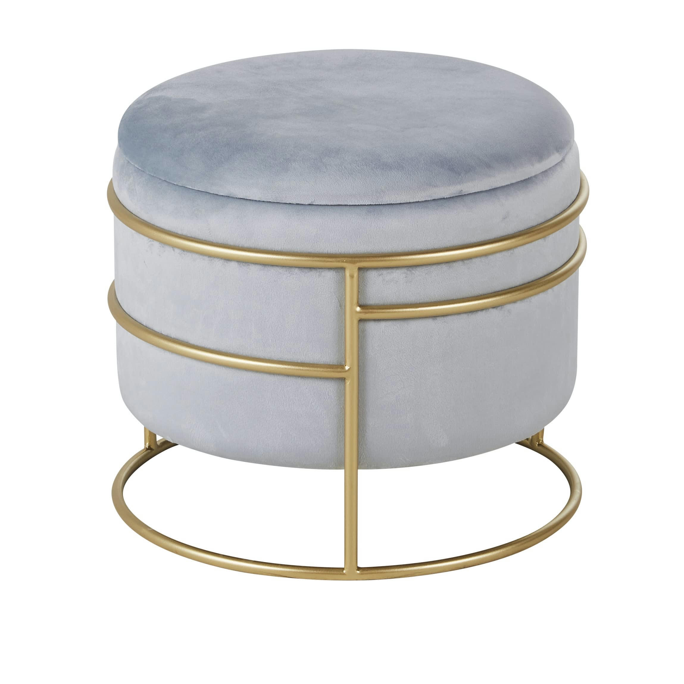 ILIANA - Pouf coffre rond en velours bleu et métal recyclé doré