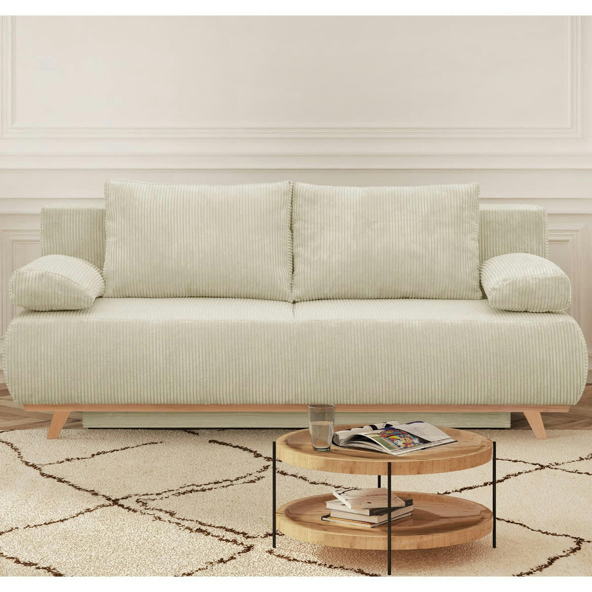 LARIA - Canapé convertible 3 places velours côtelé beige avec coffre