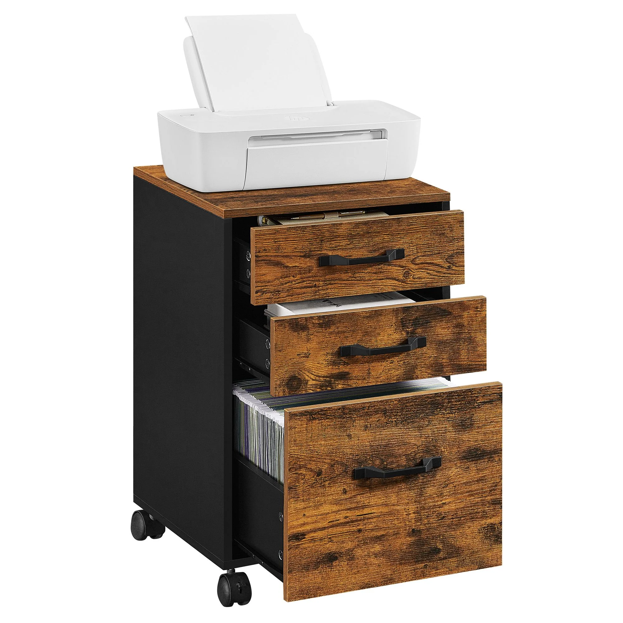 Caisson bureau 3 tiroirs roulettes format A4 marron rustique noir
