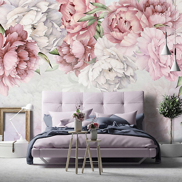 Papier Peint Fleurs Rose Pivoines Intissé Panoramique 350x250 cm - Colle Inclus - Chambre et Salon - Moderne Papier Peint
