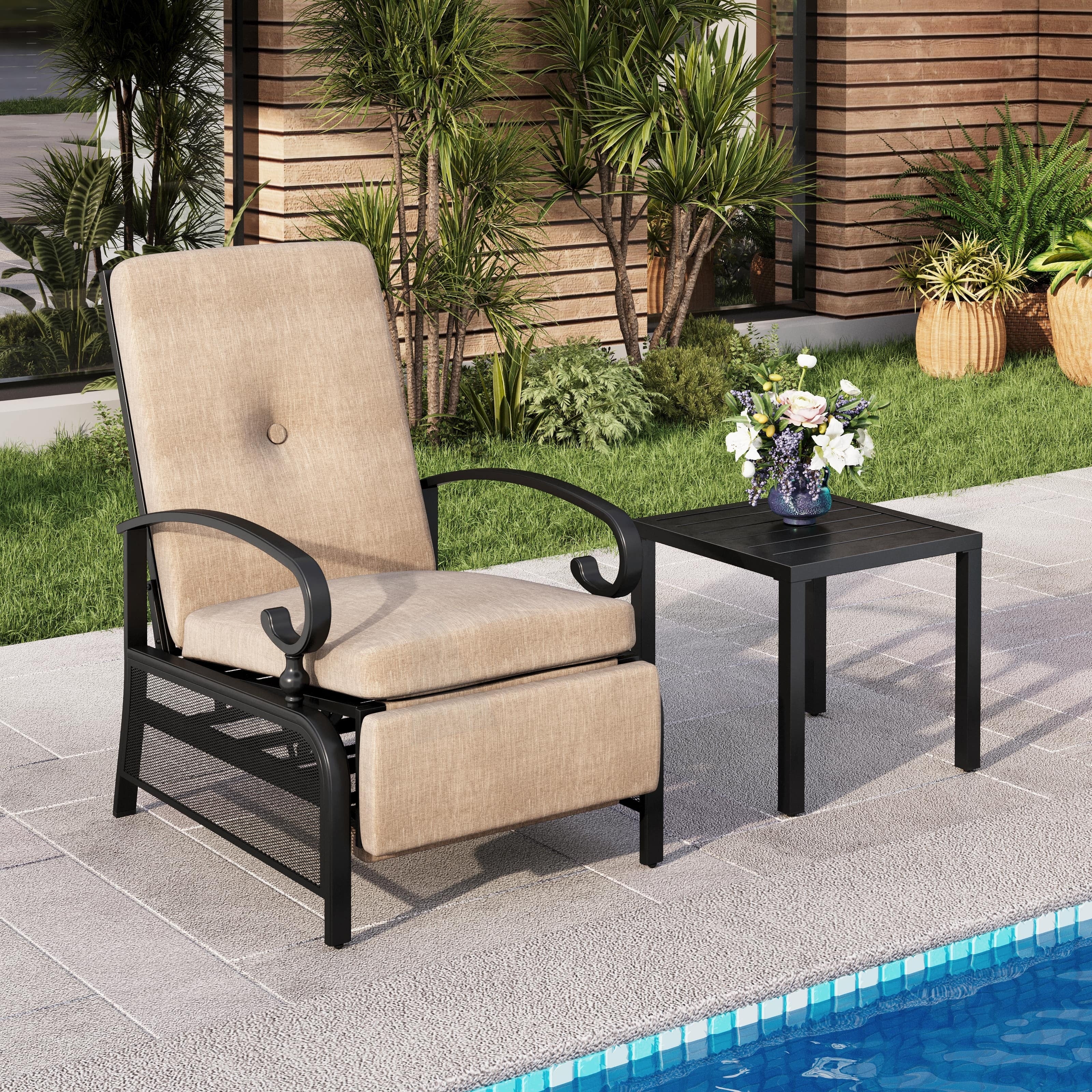 2-Piece Outdoor Bistro Set,1 Patio Metal Adjustable Relaxing Recliner Lounge Chair and 1 Metal Side Table