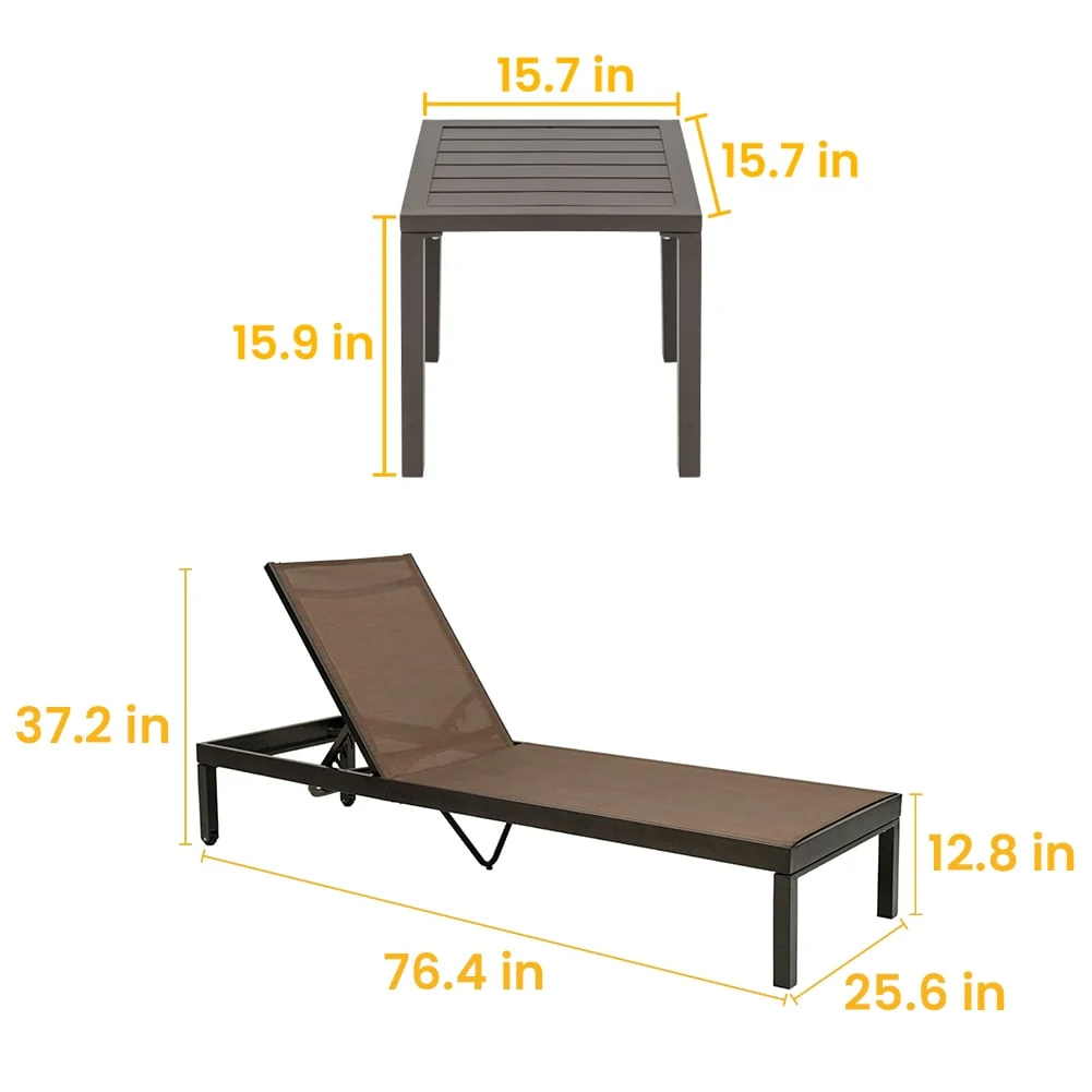 Outdoor Aluminum Adjustable Chaise Lounge Chairs with Side Table and Wheels - 76.4 L * 25.6 W * 12.8 H
