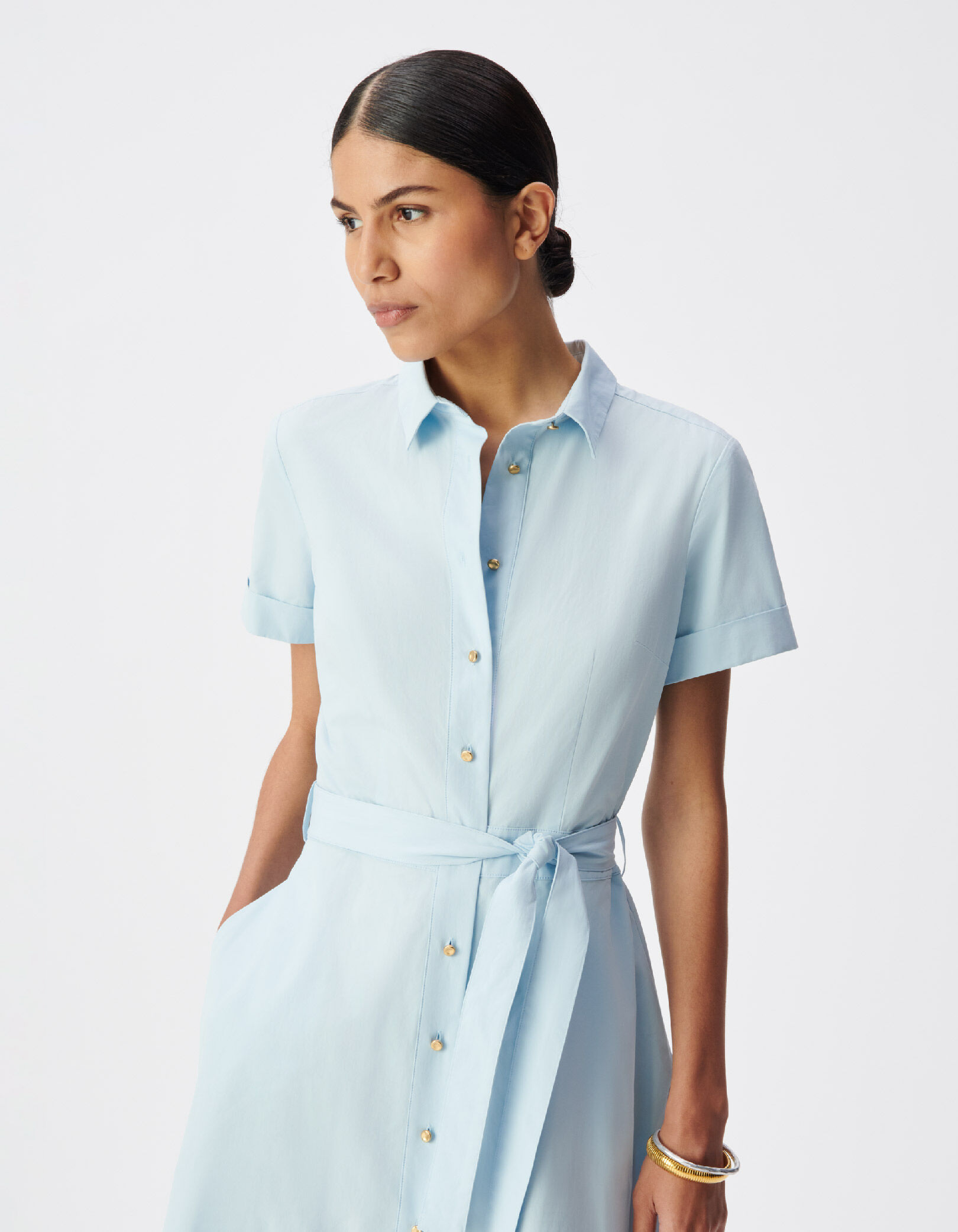 Robe chemise bleu ciel boutonnée ceinturée Femme