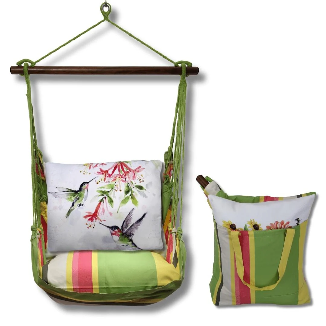Magnolia Casual Swing Set 4 piece - Fresh Lime Stripe w/ 2 Hummers w/Hanging Plant