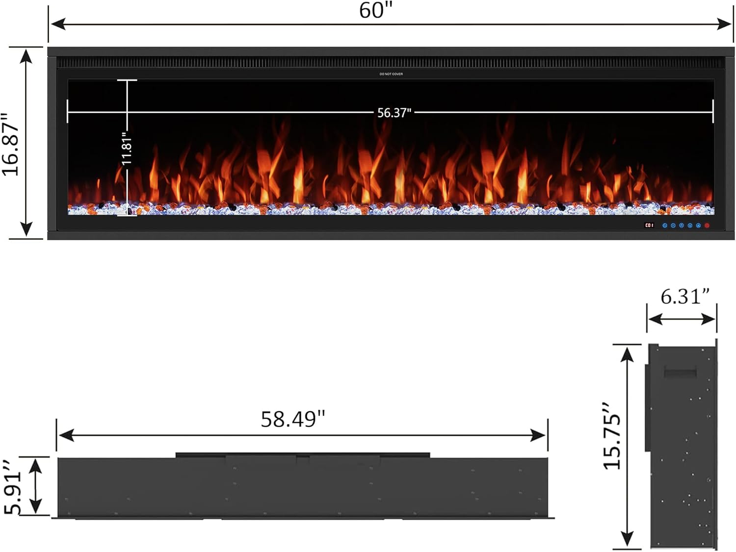 Benrocks 60'' WiFi- Enabled Electric Fireplace Inserts - Alexa & App Control, Slim Recessed & Wall Mounted, 13 * 13 * 3 Flame Color Combinations, 750W/1500W, Black