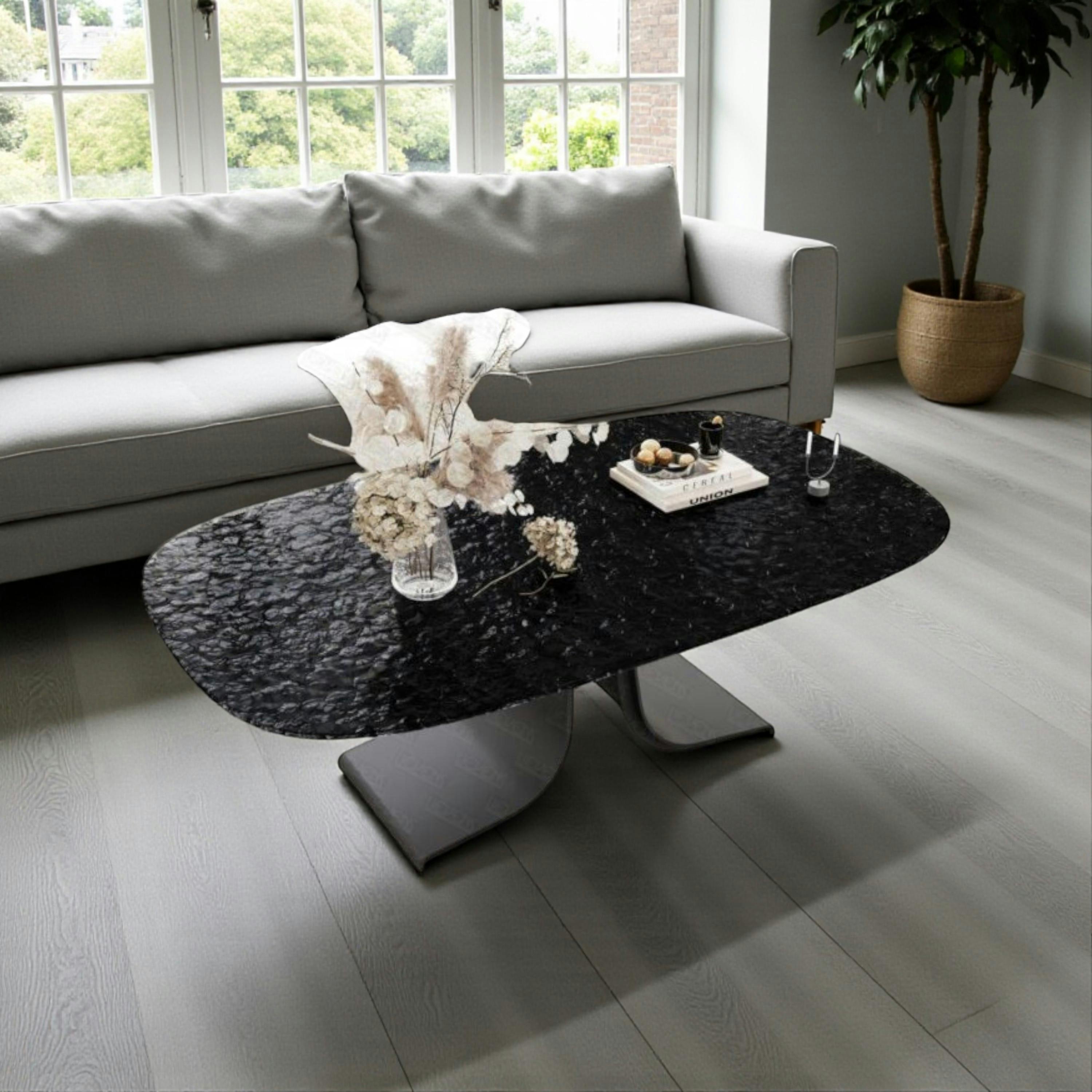 Table basse verre ondulé noir, pied ouvert LIGURIE