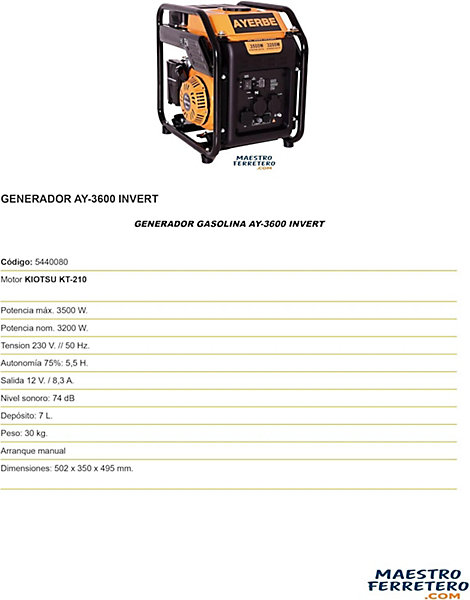Groupe électrogène inverter 3500 W moteur Kiotsu KT-210 démarrage manuel