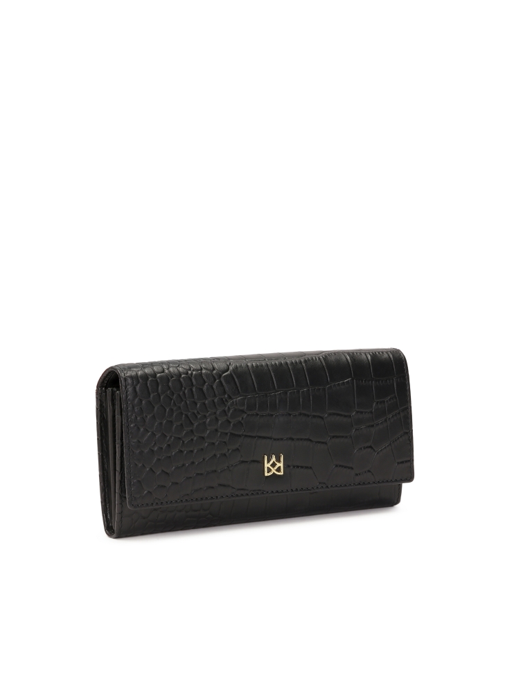 Oblong black wallet in embossed leather