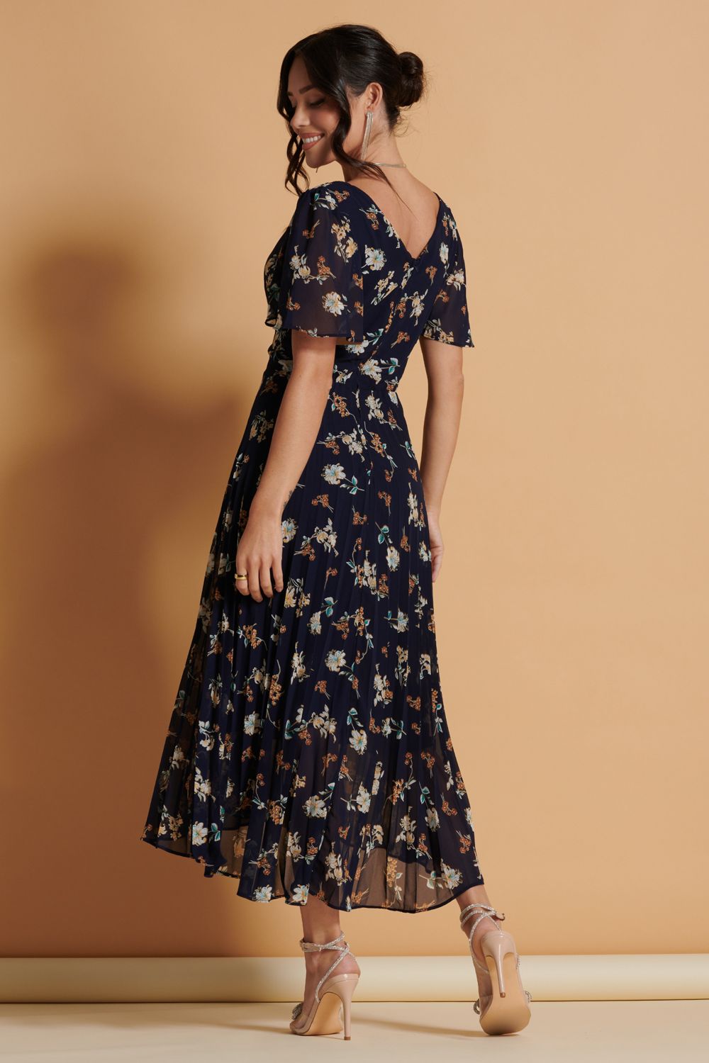 Jolie Moi Angel Sleeve Pleated Chiffon Maxi Dress