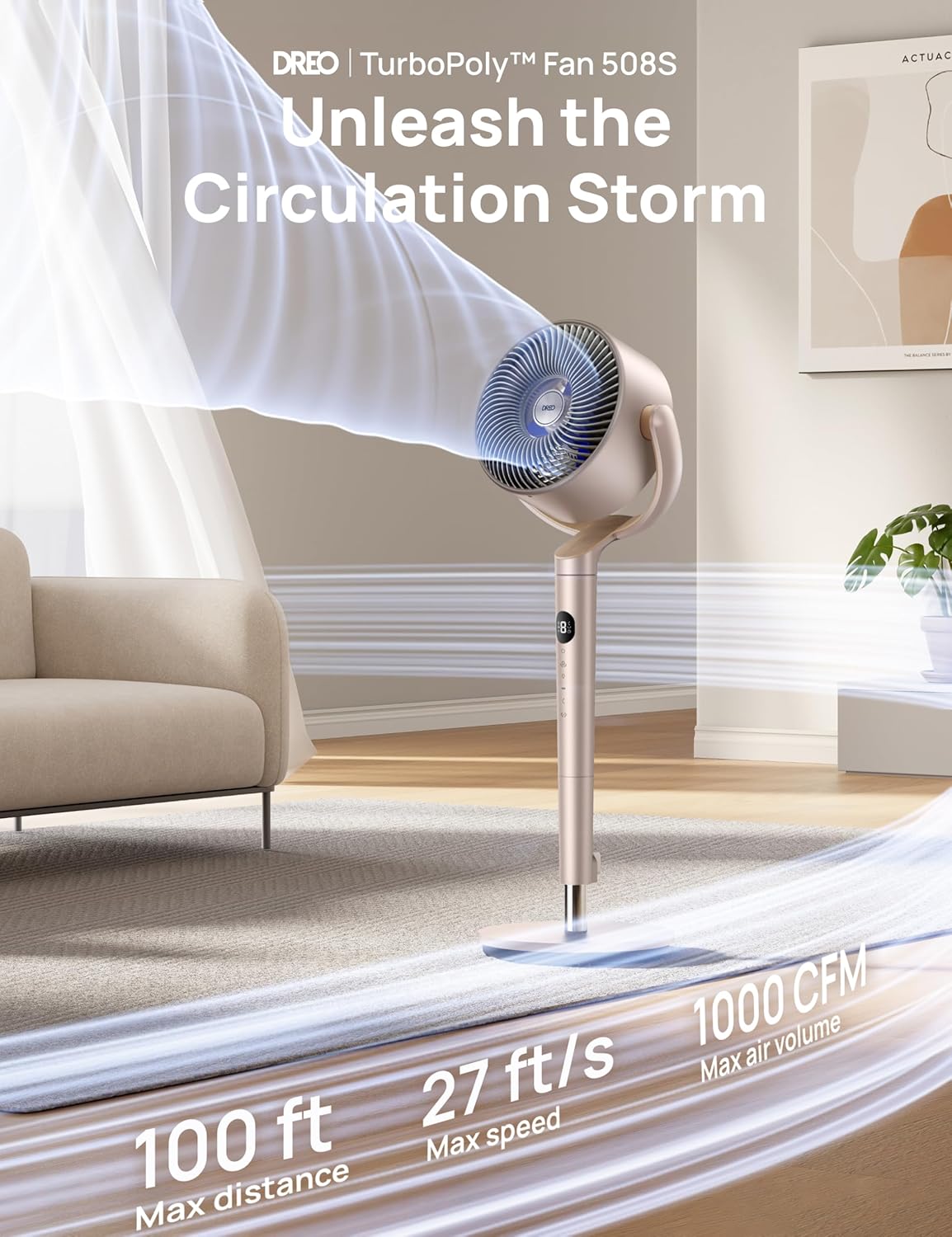 DREO Smart Fans for Bedroom, 120° +120° Omni-Directional Oscillating Fan, 100ft Quiet Pedestal Fan with RGB Light, 9 Speeds, 6 Modes, 20dB, 8H Timer, Wi-Fi/Voice, 35-40 Floor Fans, Starlight