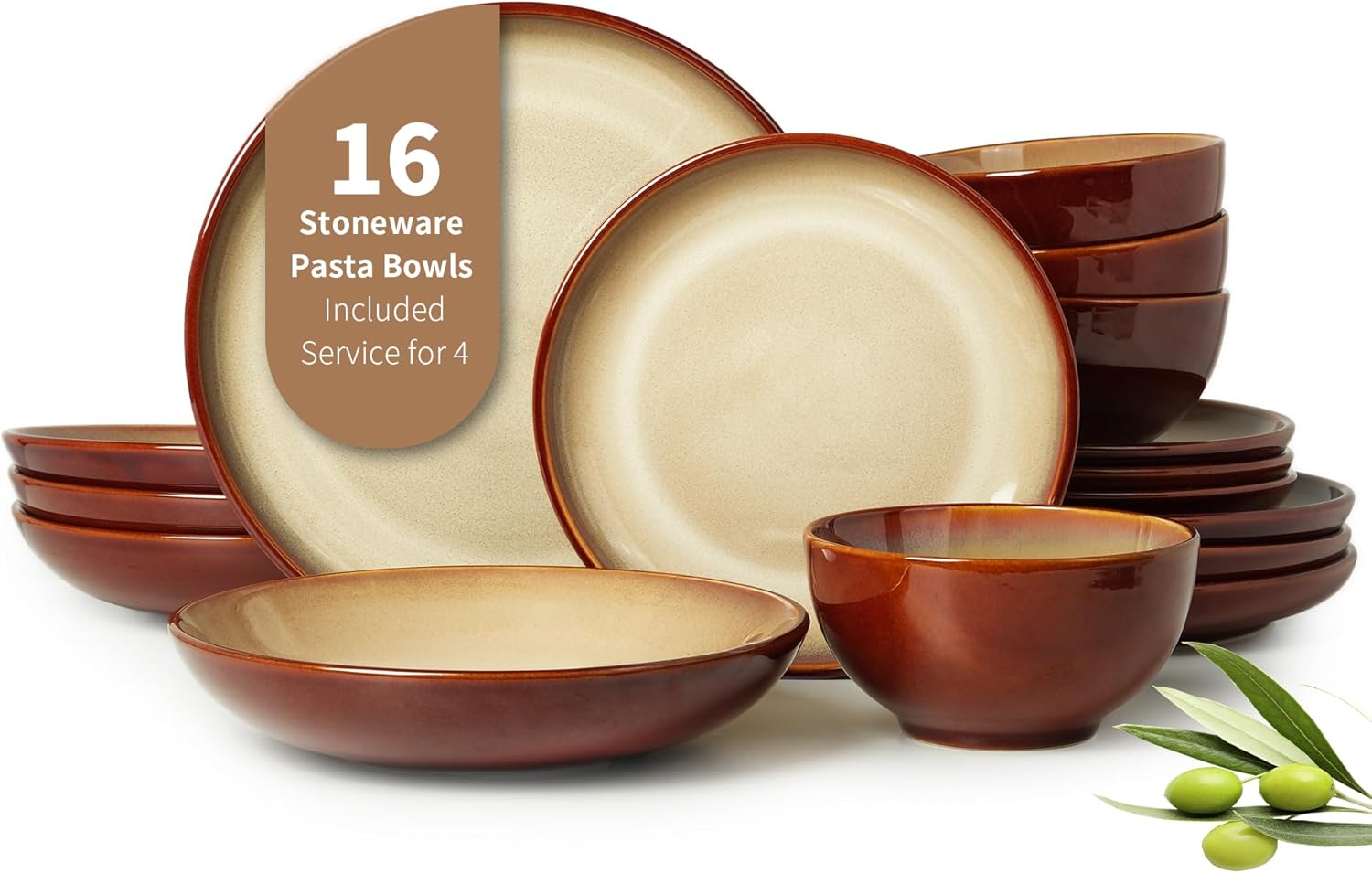 Pokini 16 Piece Double Bowl Plates and Bowls Sets, Ceramic Dinnerware Sets with Pasta Bowls, Dishwasher & Microwave Safe Dish Set, Scratch Resistant Stoneware Plate Set, Service for 4 Brown Yellow