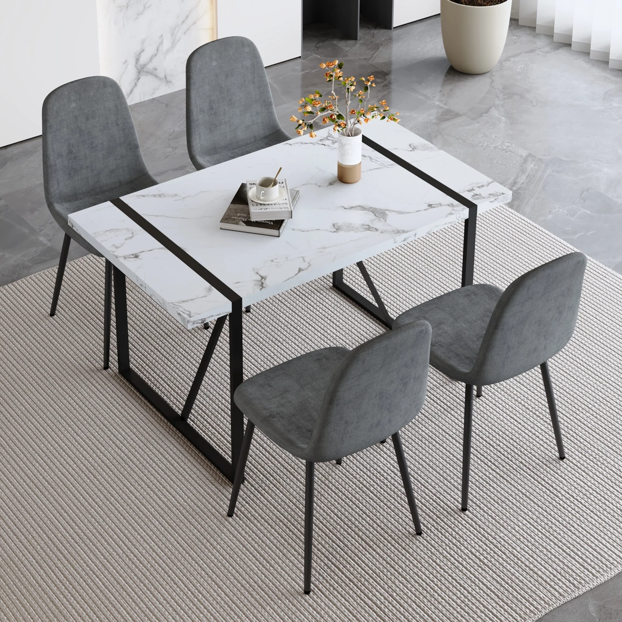 Modern Dining Set with Rectangular Marble Pattern Table and Upholstered Dining Chairs