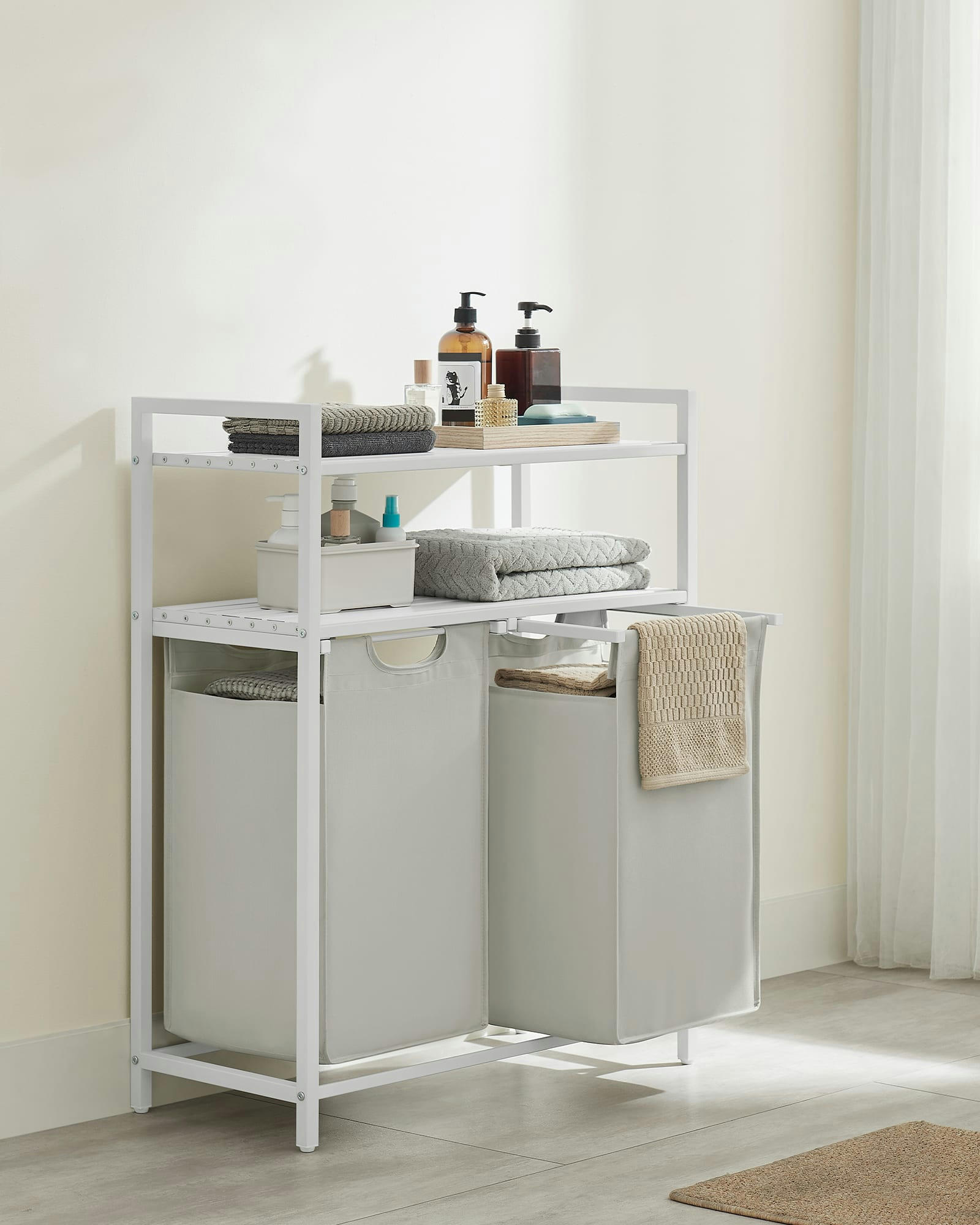 - Panier à linge 2 compartiments tissu oxford blanc