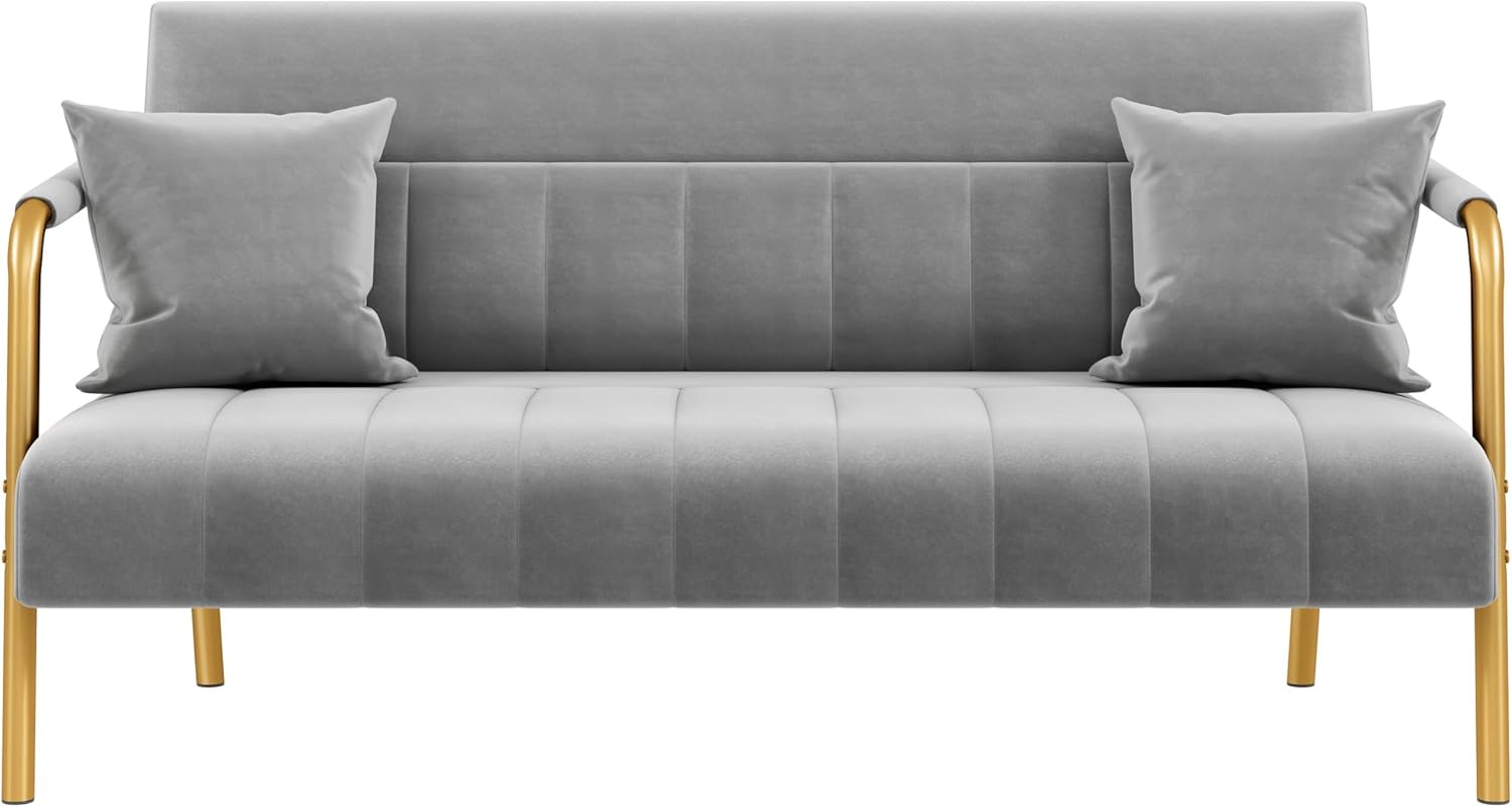 Yaheetech 56.5 W Modern Sofa Small Sofa Luxurious Velvet Fabric Couch with Gold-Tone Metal Arms and Legs for Living Room, Home Office, Studio Light Gray