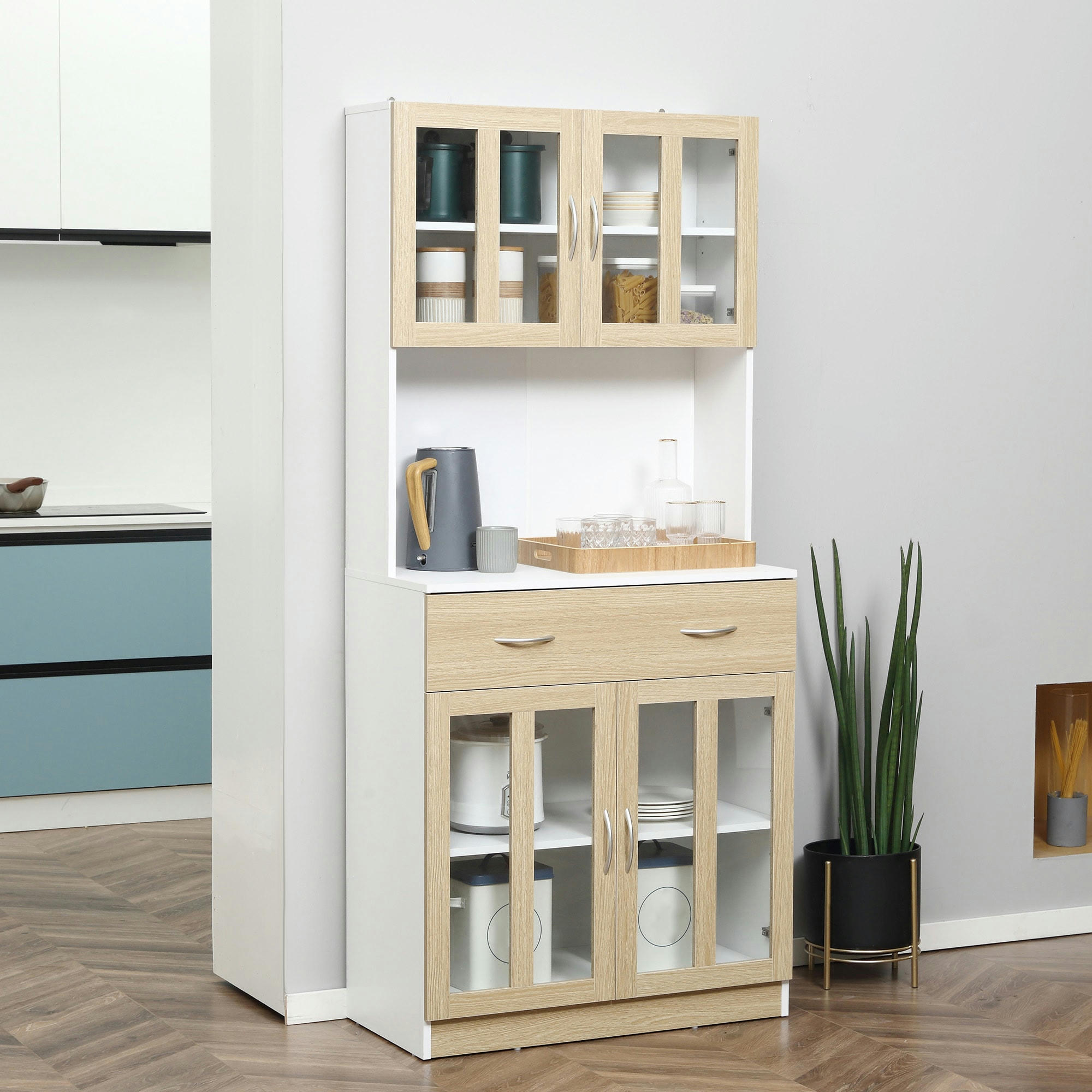 - Buffet haut 4 portes verre étagère tiroir niche blanc aspect bois