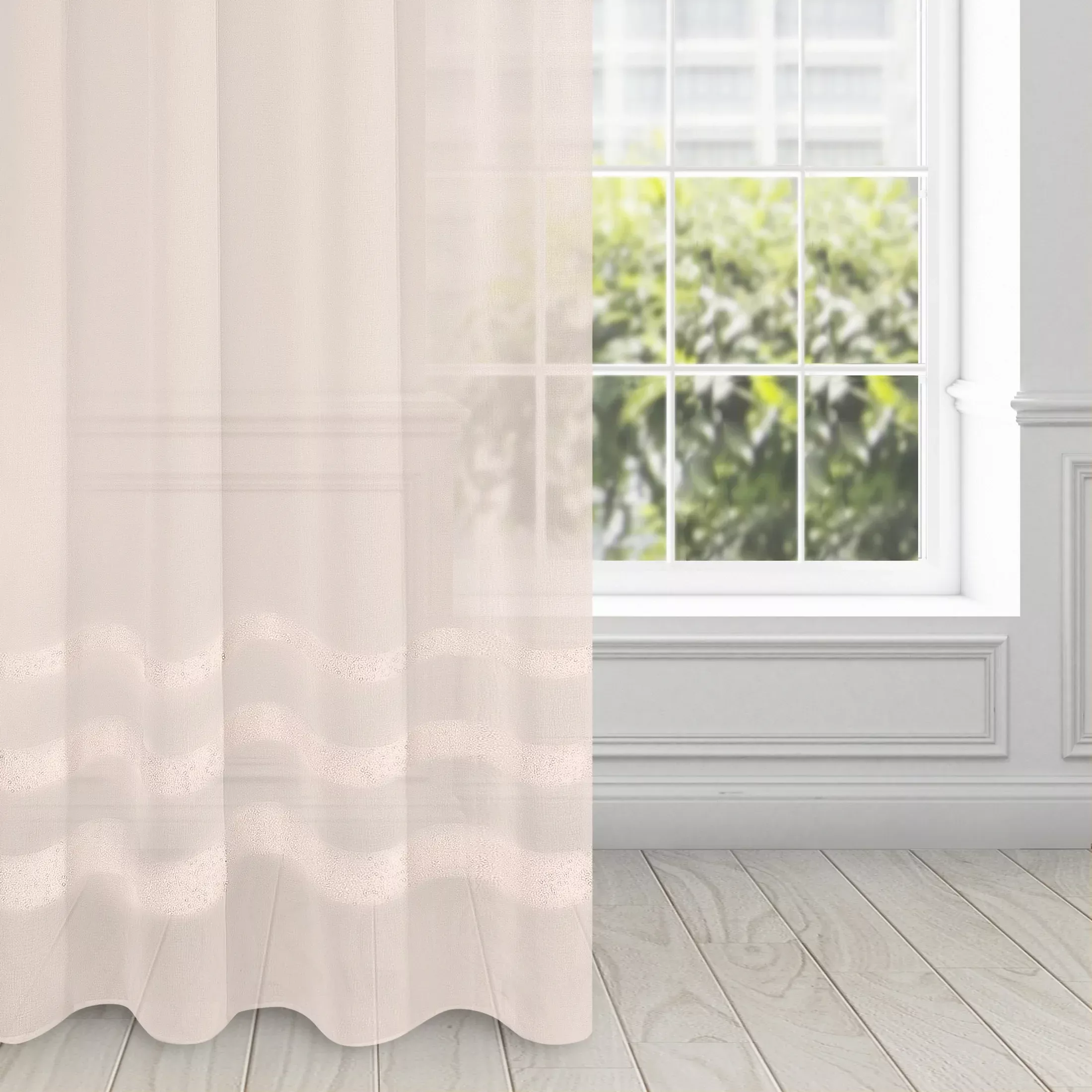 Dekoracja okienna różowa z matowej etaminy zdobiona pasami z moherową błyszczącą nicią 140x250 cm przelotka - EFIL