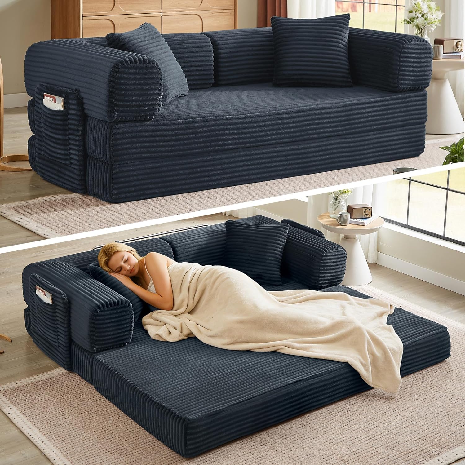 Boneless Couch Folding Couches for Living Room Sofa, Futon Sofa Bed with Sleeper Sofa, Futon Couch with Fixed-Shape Oversized Corduroy Upholstered (Dark Gray, 81 Inches)