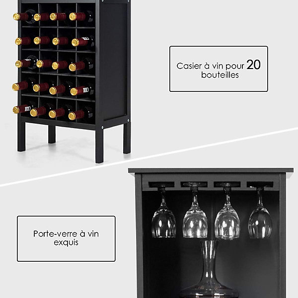 Casier a Vin avec 20 Emplacements et Porte gobelet Etagere a Bouteille en Pin pour Cave Noir