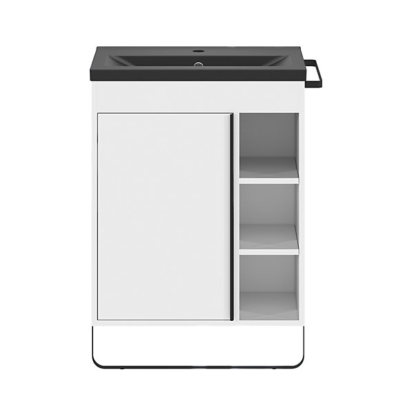 Meuble vasque faible profondeur blanc avec porte-serviettes l.65 x H.82 x P.36 cm Maza   plan vasque céramique noir Nira, GoodHome