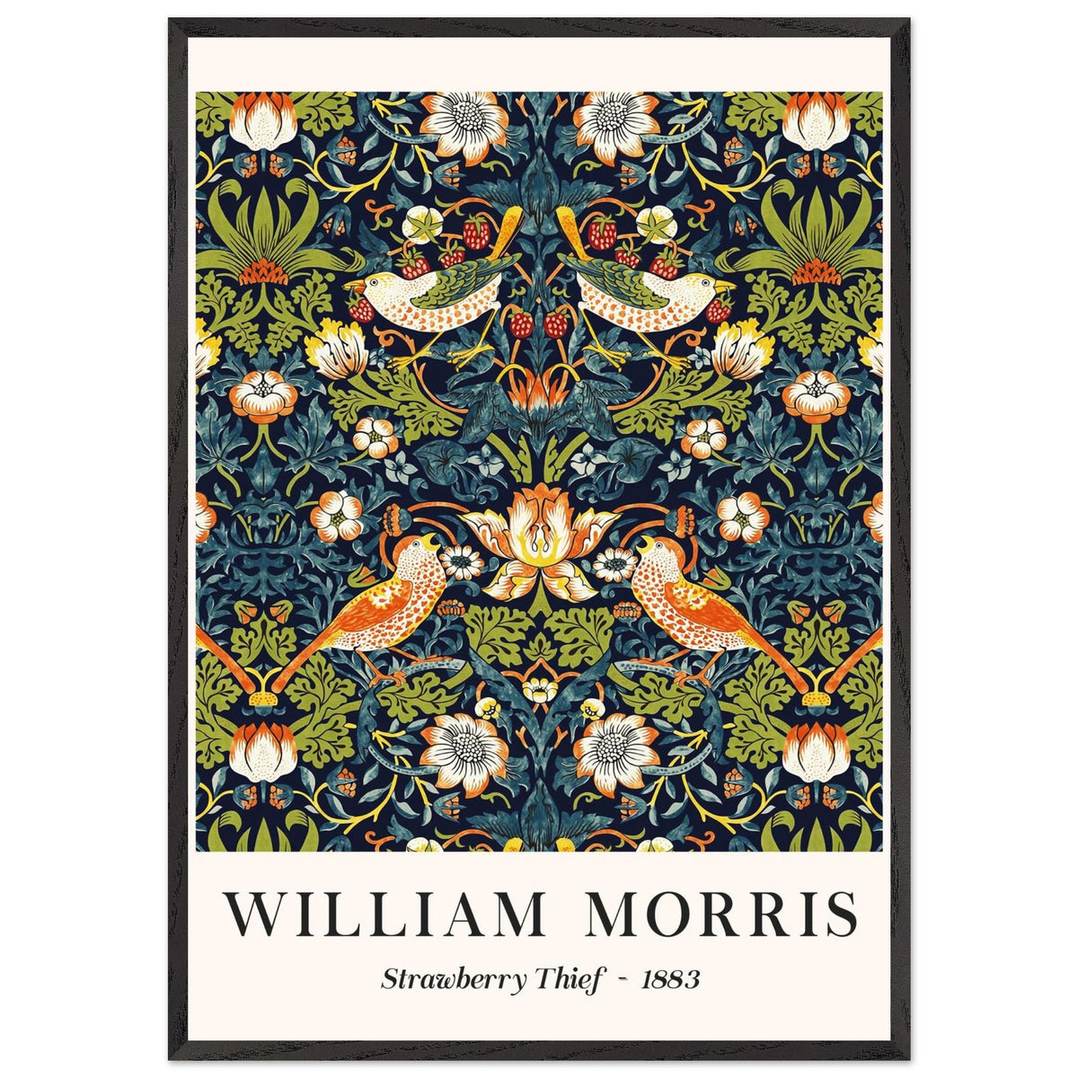 Artfulprints Poster met Lijst William Morris - Strawberry thief  - 70x100 cm - Donkergroen