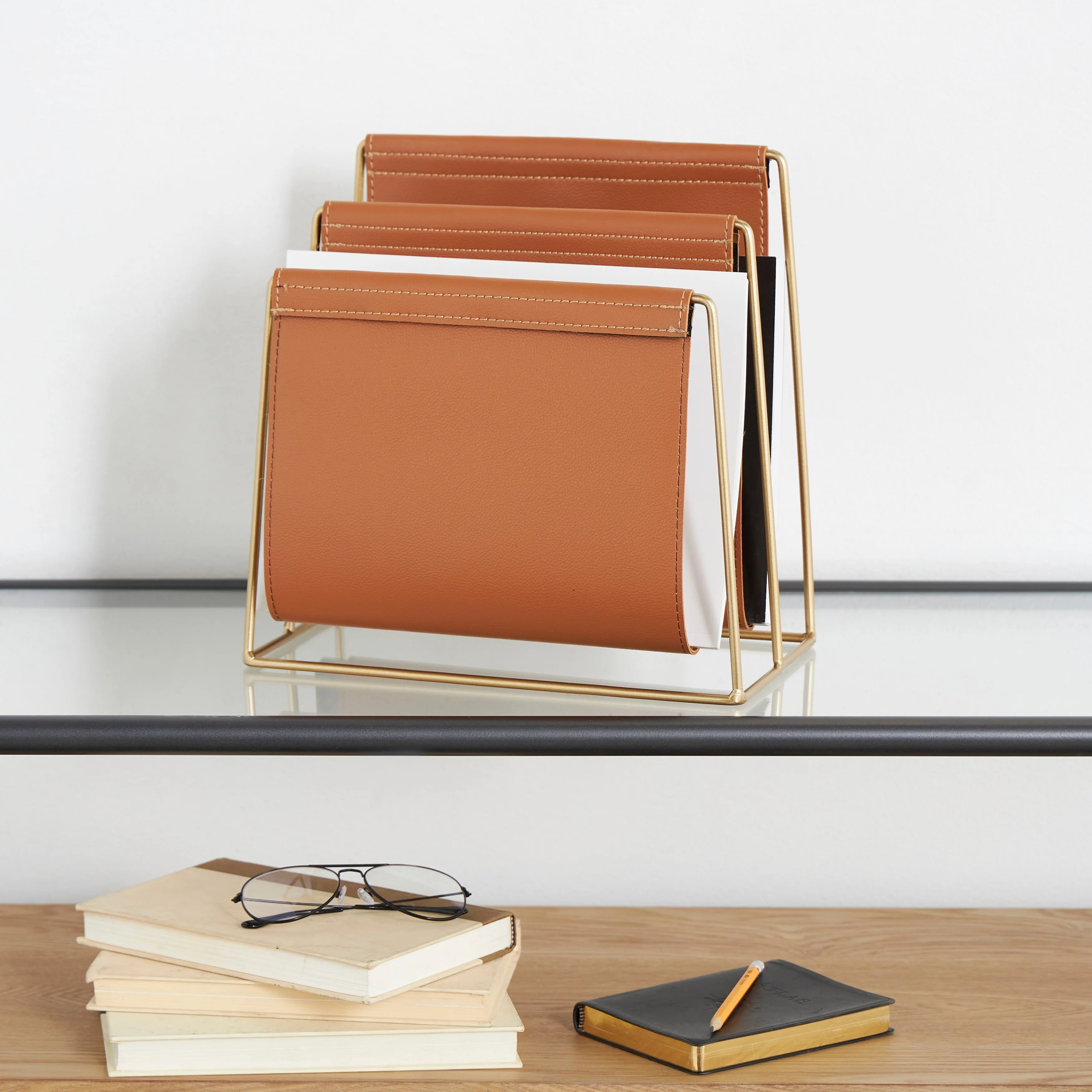 Leather 3 Slot Magazine Holder with Gold Metal Frame - Orange - The Novogratz - 8W x 13L x 12H