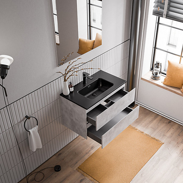 Meuble vasque suspendu MDF Gris béton, lavabos Noir mat   trou robinet trop plein &Bonde - 80x46x50cm - AVA