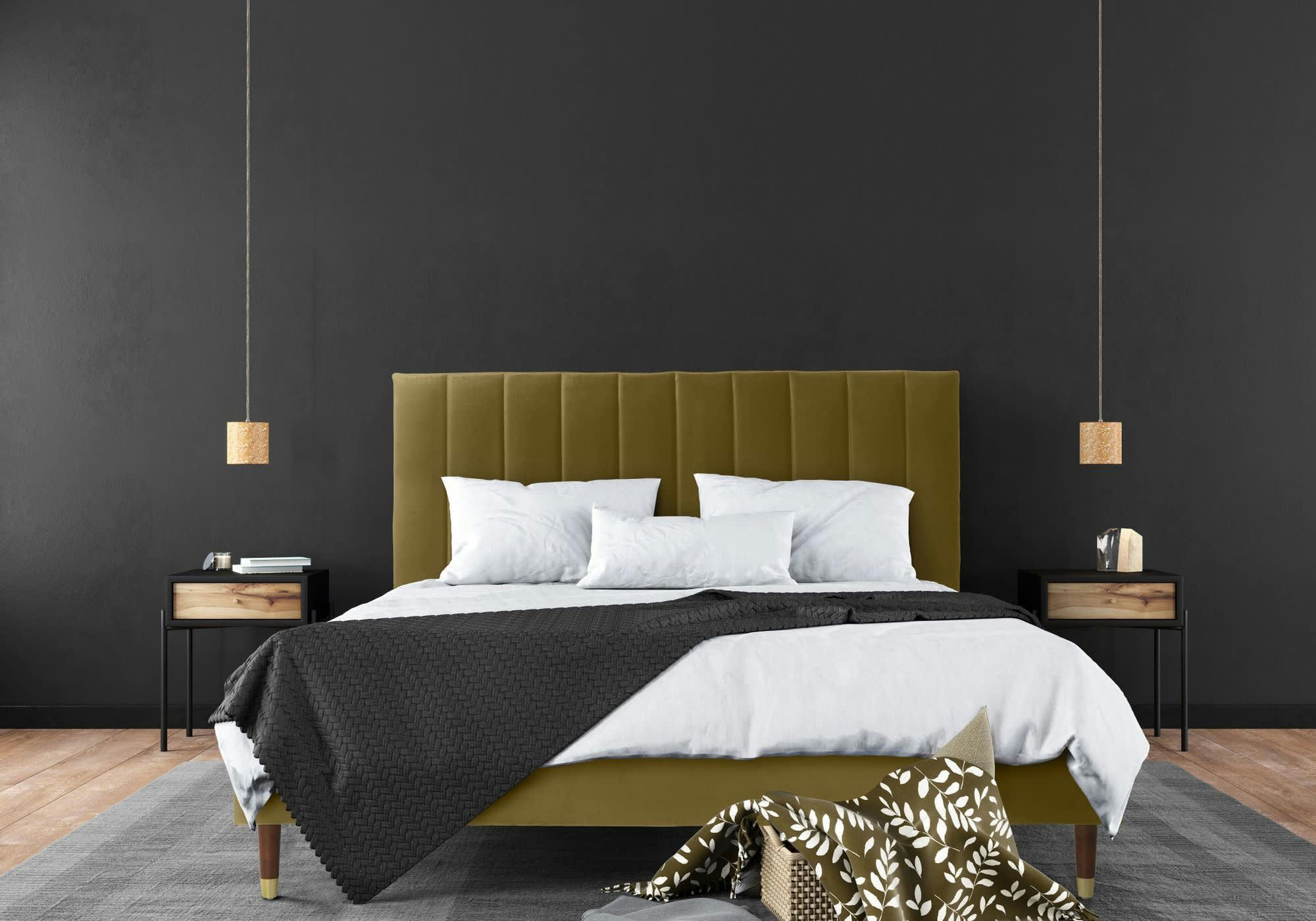 THELMA - Lit avec matelas 2 places  en velours ocre 140x190