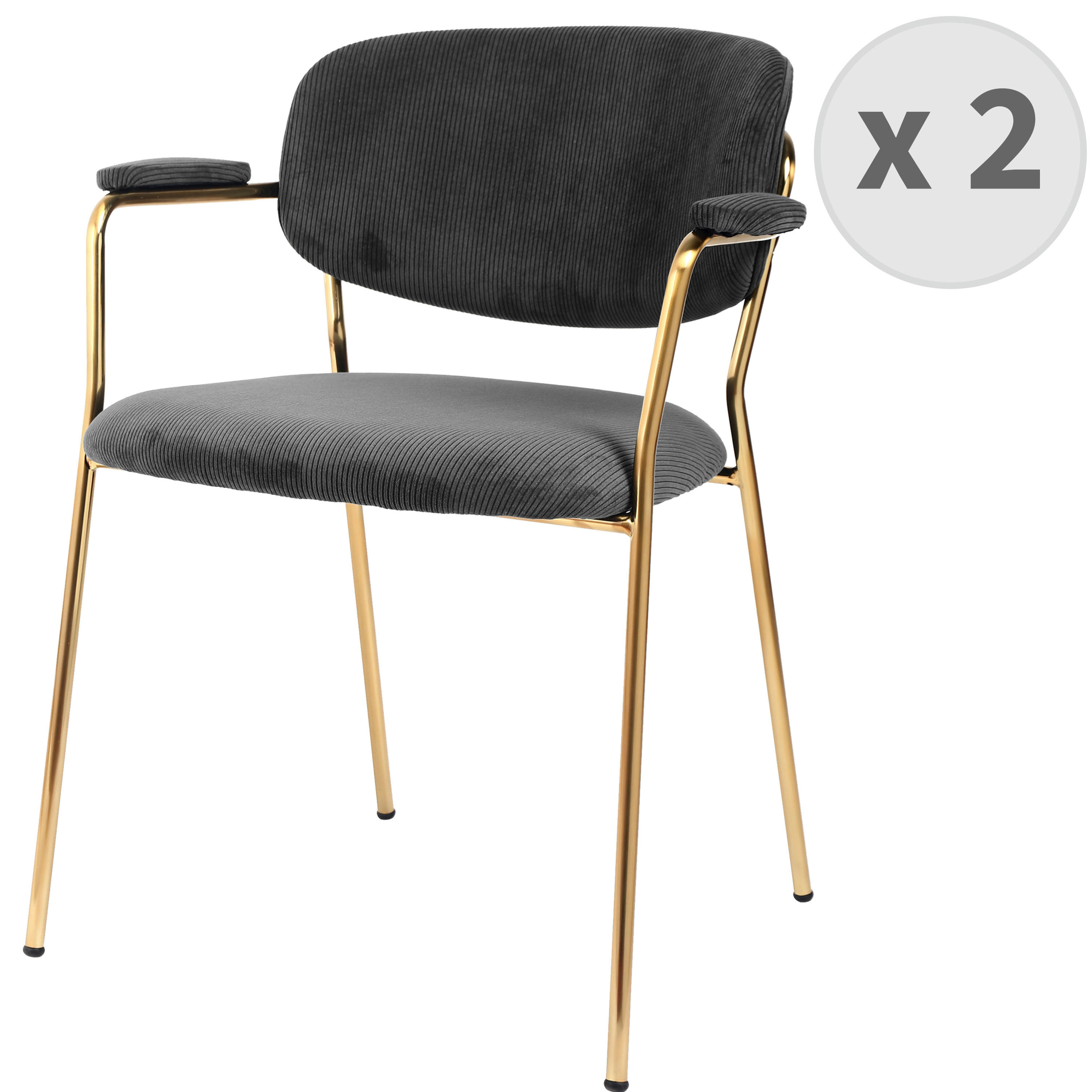 CLARA - Chaise en tissu cotelé Carbone et métal doré brossé(x2)