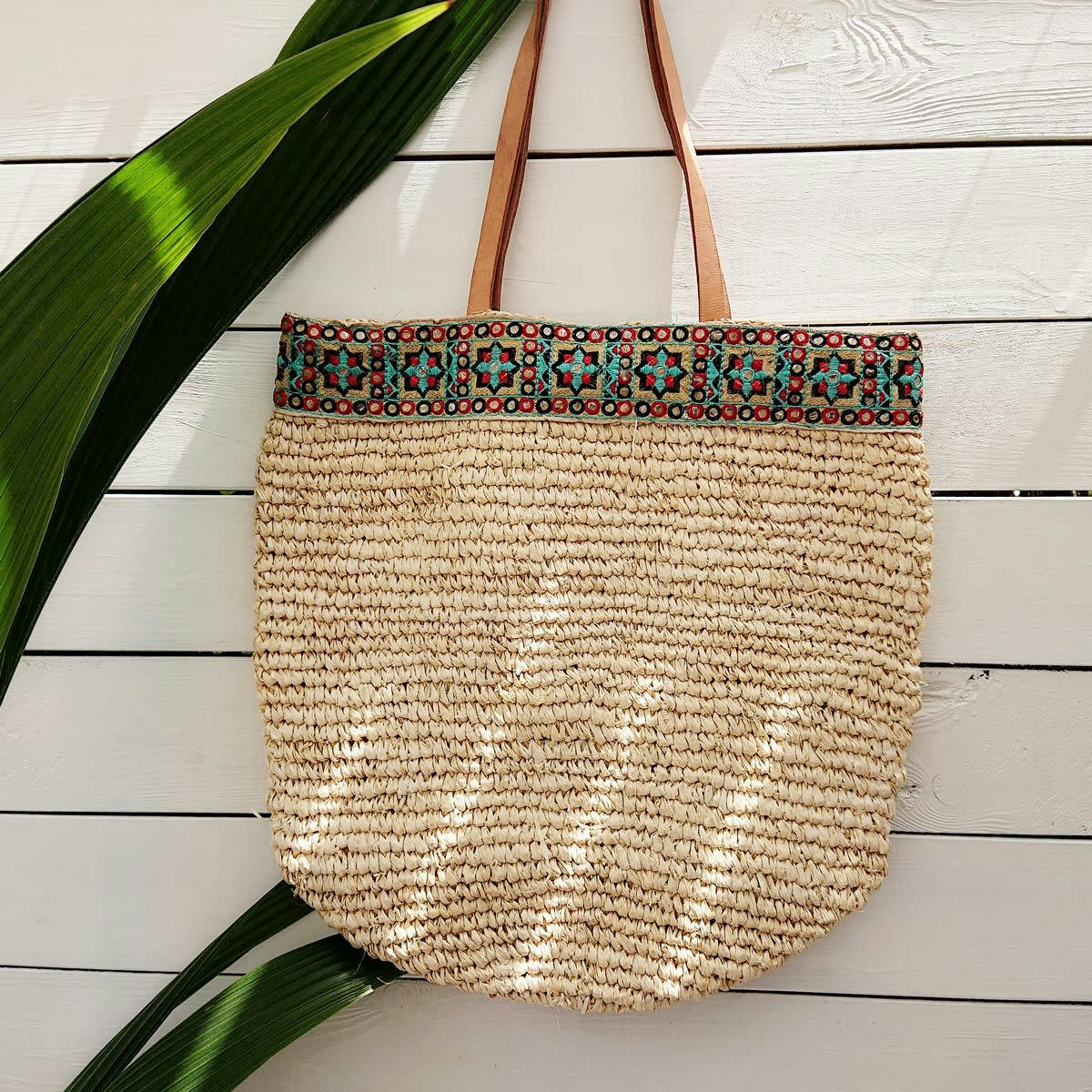 RAPHIA - Sac en raphia naturel brodé, beige 