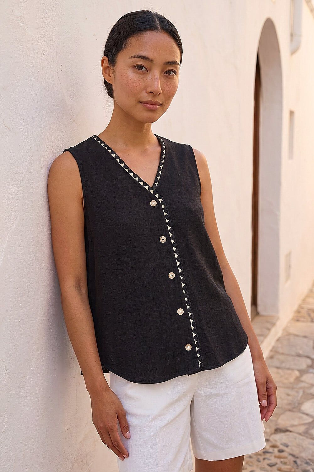 Roman Petite V-Neck Trim Detail Top