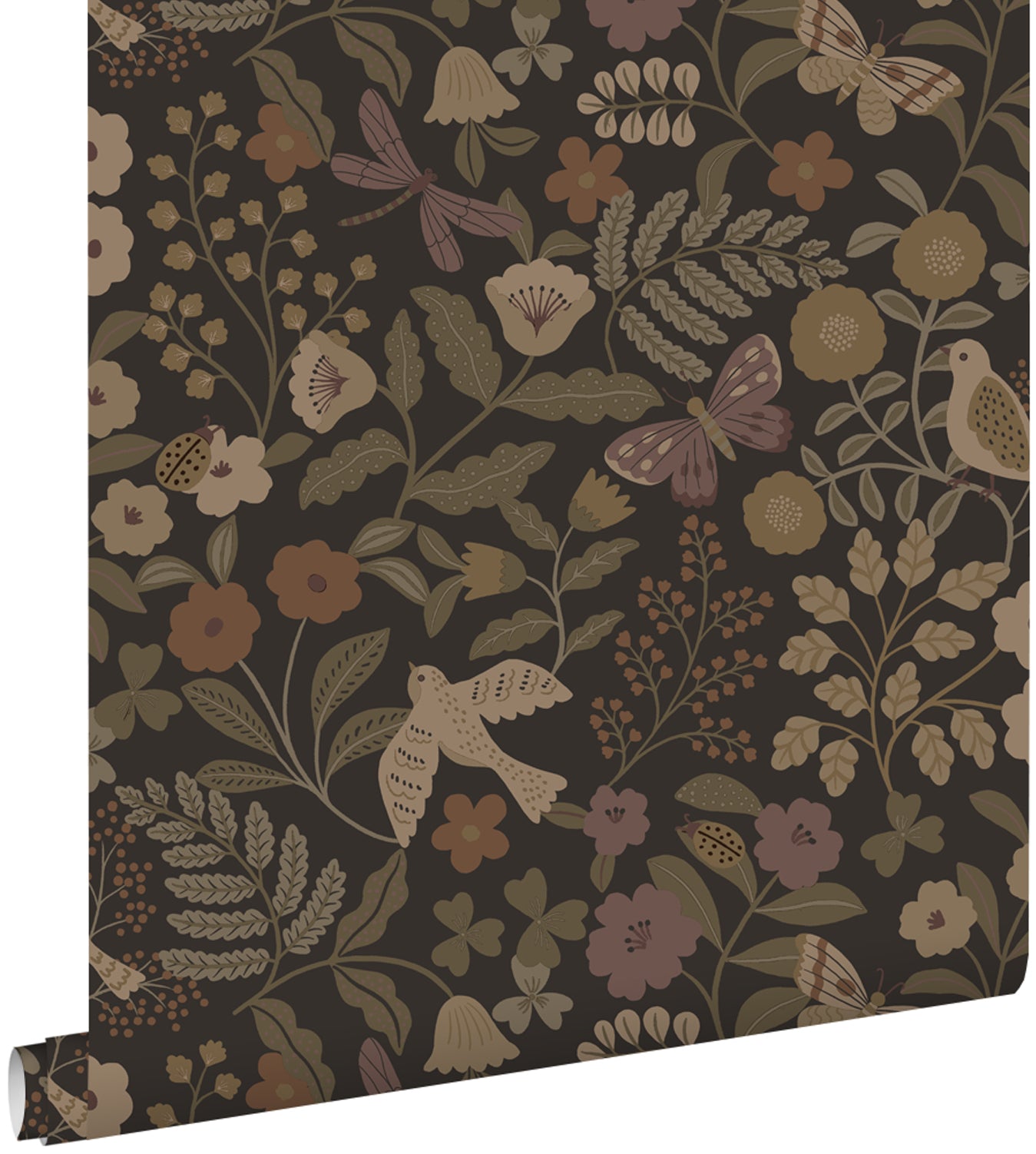 ESTAhome behang bloemen en vogels donkerbruin, olijfgroen en lila paars - 53 cm x 10.05 m - 139872