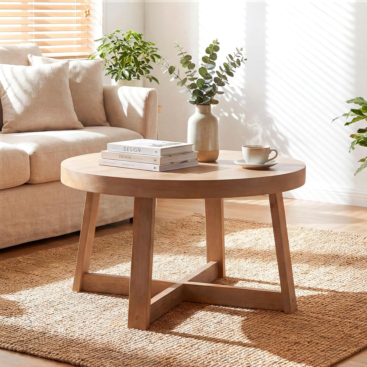 Giantex Round Coffee Table, 30 Wood Center Table with Thickened Tabletop & Cross-Shaped Pine Wood Frame, 220 lbs Capacity, Modern Living Room Table for Small Spaces, Natural