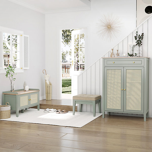 Meuble chaussures banc à chaussures 2 en 1 style bohème chic 2 portes étagère réglable - MDF vert d'eau aspect chêne clair rotin