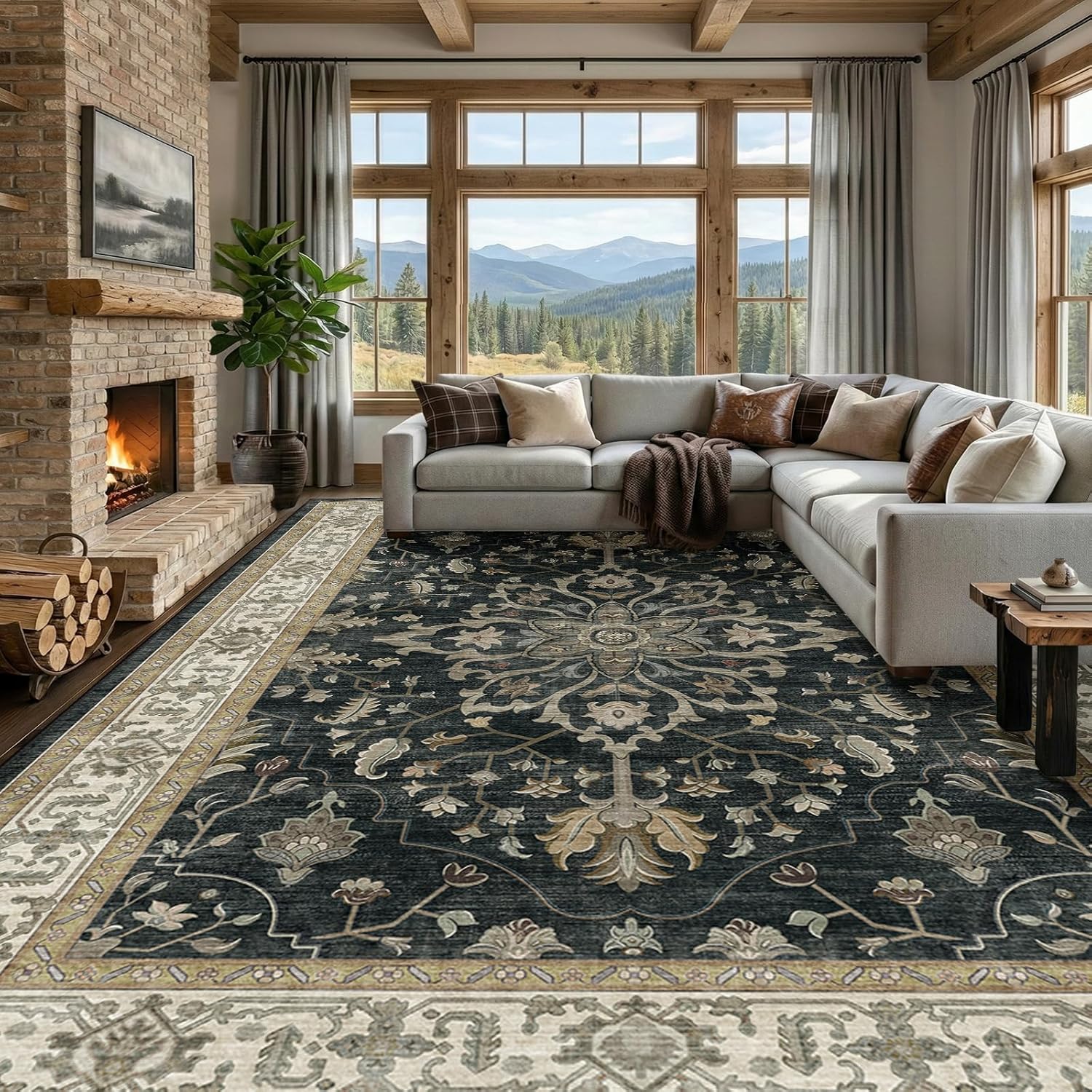 RELEANY Area Rugs 9'x12' Washable Non-Slip, Floral Vintage Distress Print Pattern Medallion Carpet for Living Room Bedroom Dining Room, Vintage Black Brown Neutral