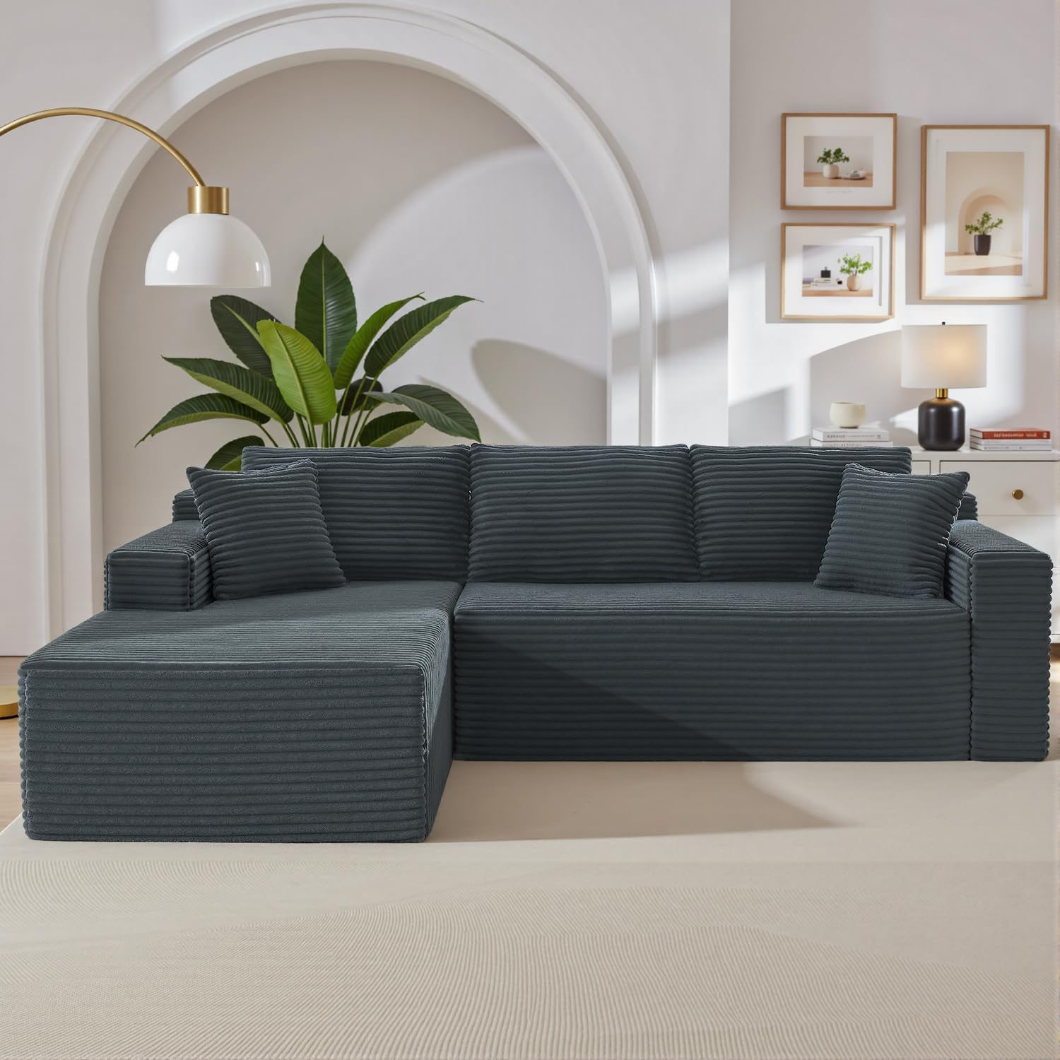 105 Inch Cloud Sectional Couch,Modern Modular Sectional Sofa with Deep Seat,Corduroy Boneless Couches with L-Shape Chaise for Living Room Bedroom,No Assembly Required (Dark Grey, Left Facing Chaise)