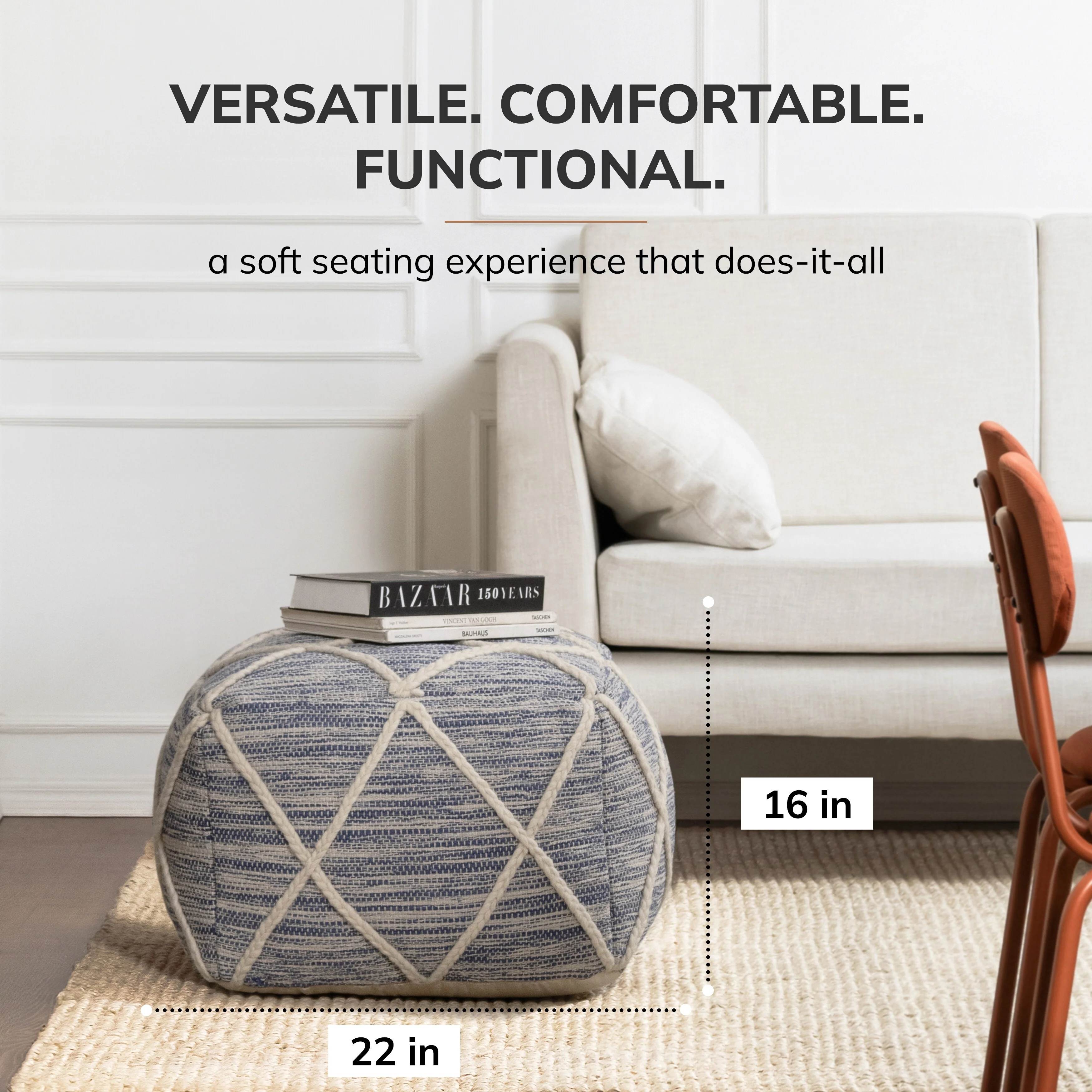 Jani Kirkwood Lake 22-inch Blue Pouf Ottoman - Handmade Footrest for Living Room, Bedroom, Nursery, Kidsroom