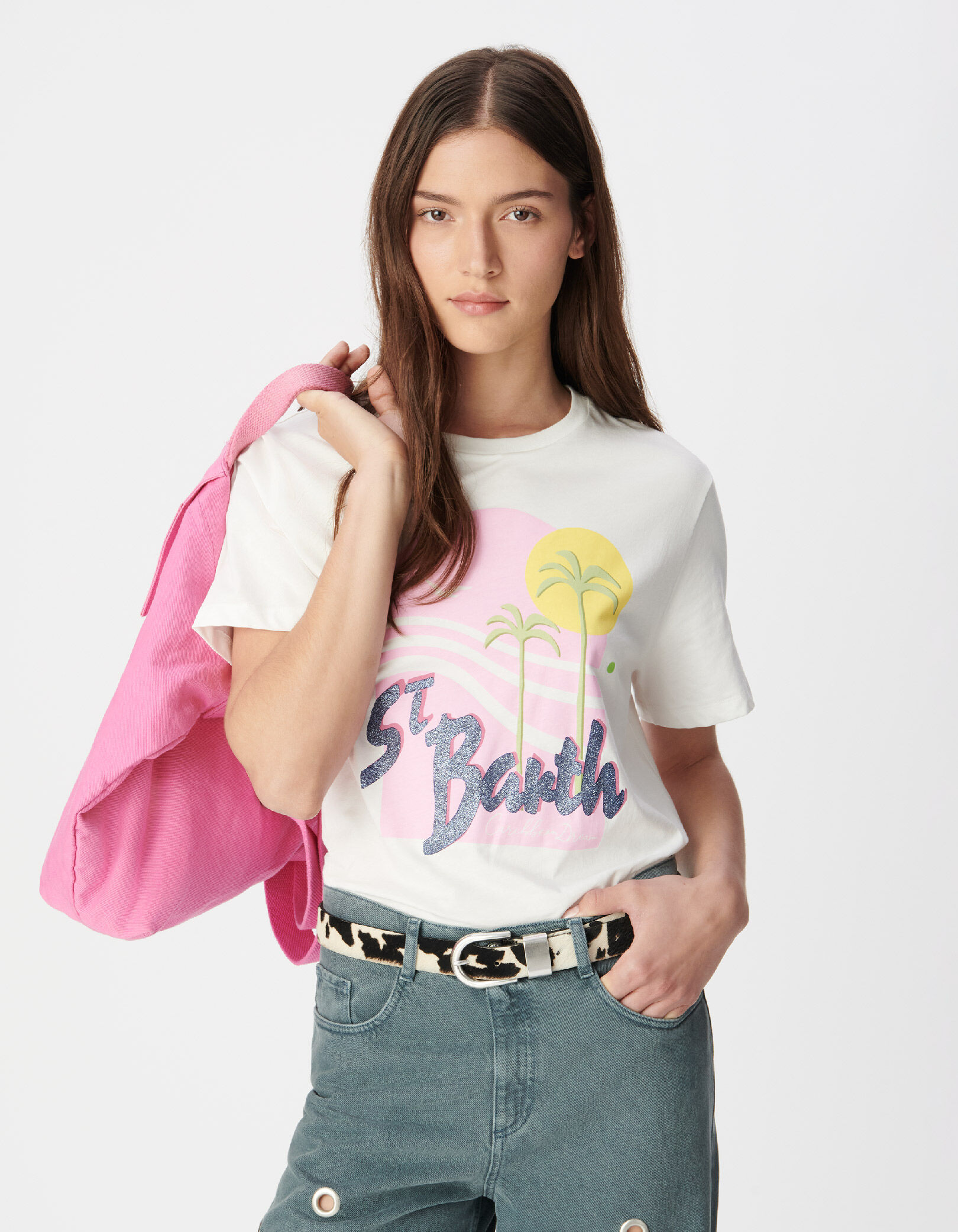 Tee-shirt blanc coton bio visuel palmiers et soleil Femme