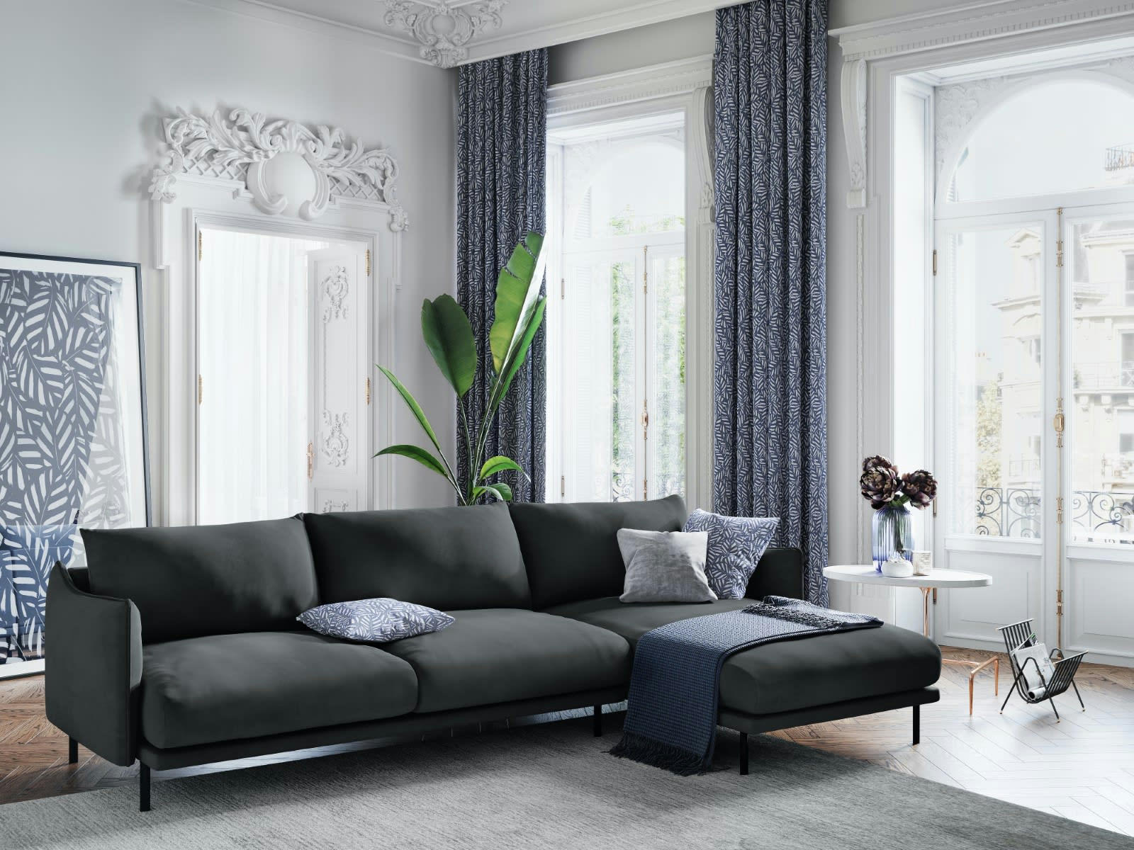 PARIS - Canapé D'Angle Droit 5 places en Velours Gris Foncé