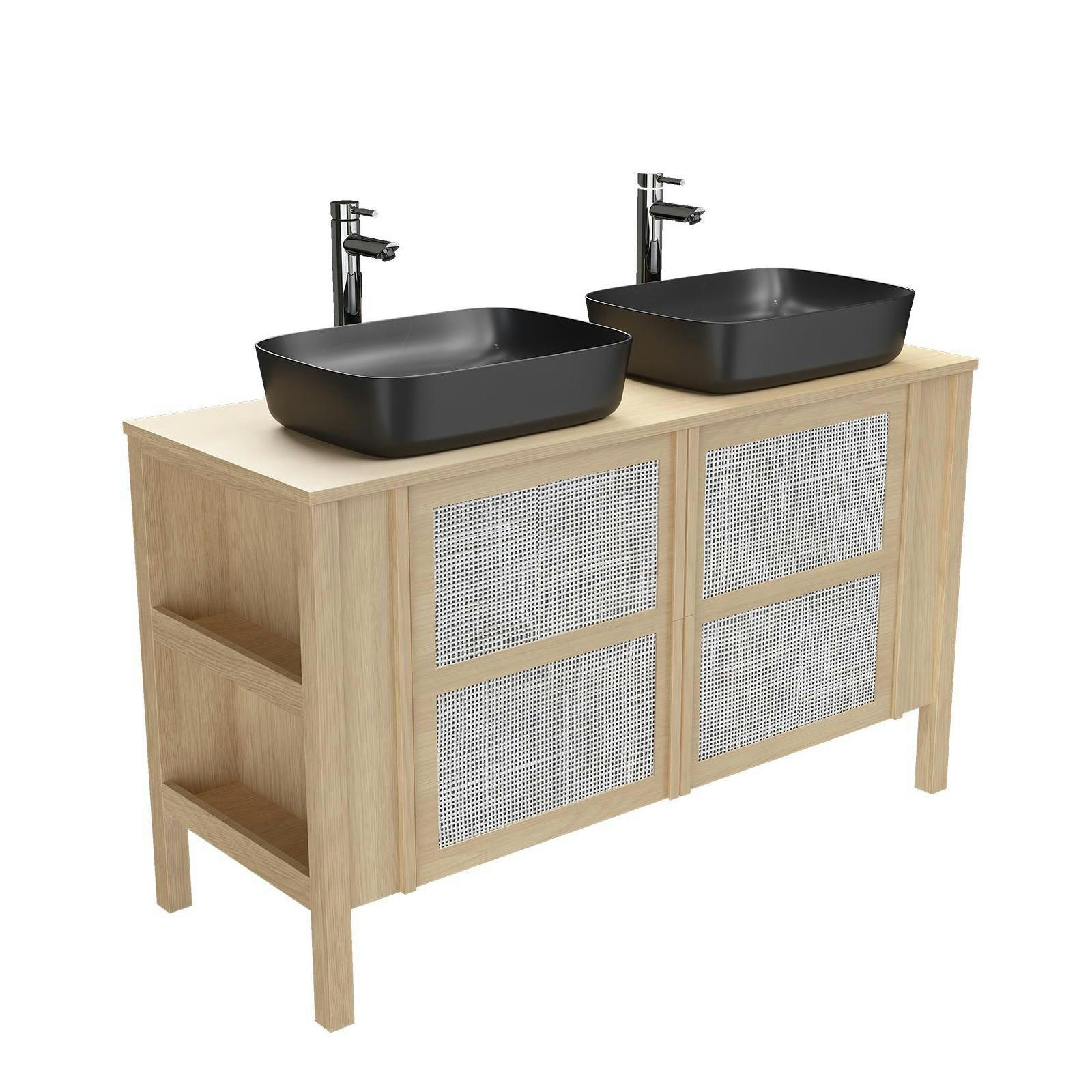 NESTO - Meuble double vasque 130cm chêne  portes cannages + vasque + robinet