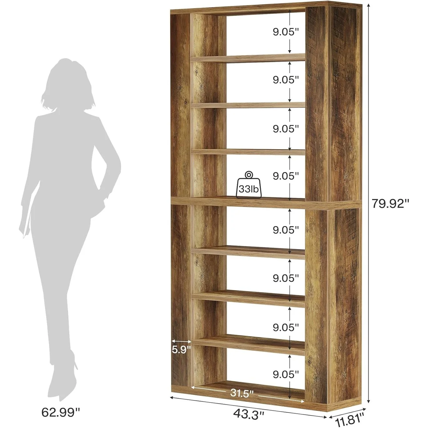 9-Tier Tall Bookcase with Open Display Storage Shelves for Home Office, Living Room