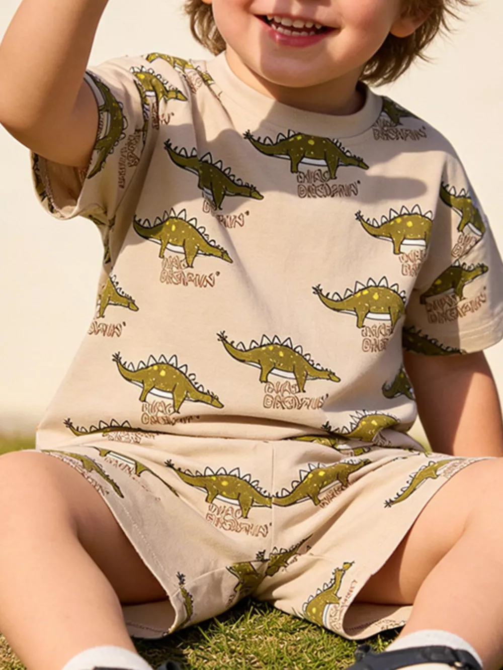 Children's Dinosaur Print Round Neck Tee and Shorts Set