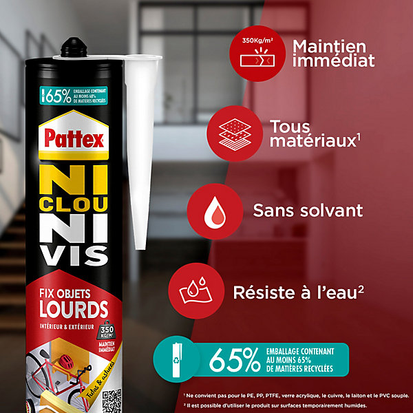 Colle de fixation Pattex Ni clou ni vis tous matériaux blanc 460g