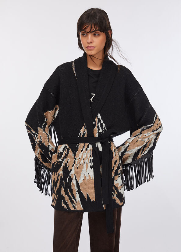 Cardigan jacquard con frange