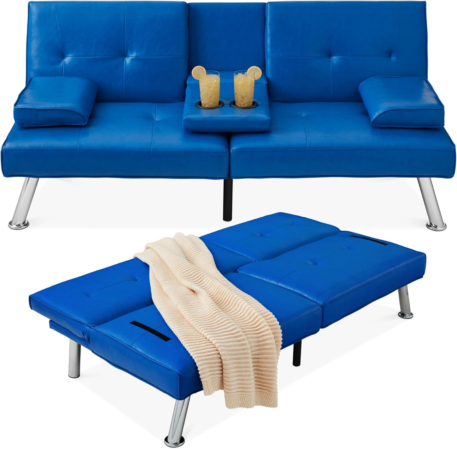 Best Choice Products Faux Leather Upholstered Modern Convertible Futon, Adjustable Folding Sofa Bed, Guest Bed w/Removable Armrests - Royal Blue