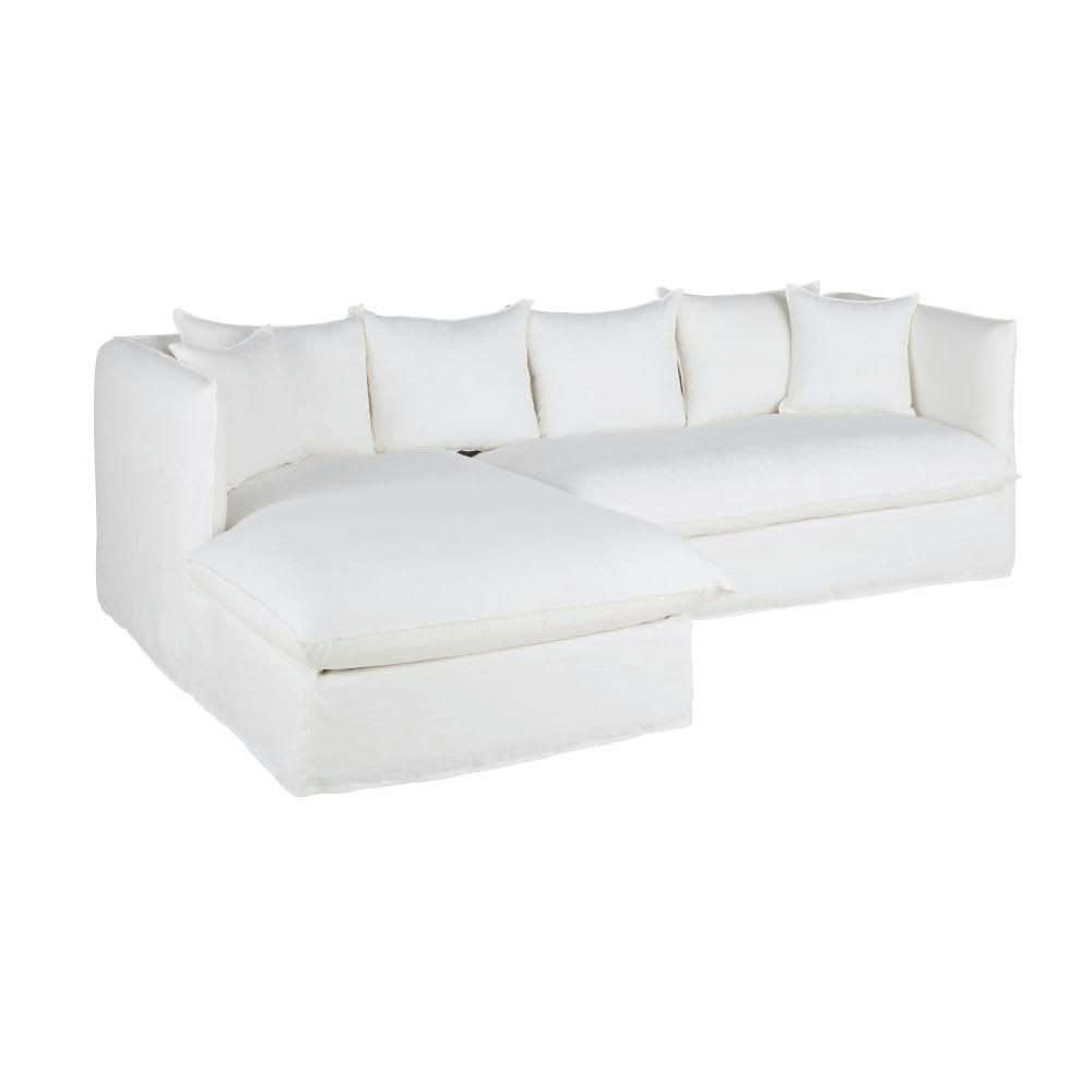 Louvain - Canapé d'angle gauche 3/4 places en lin froissé blanc